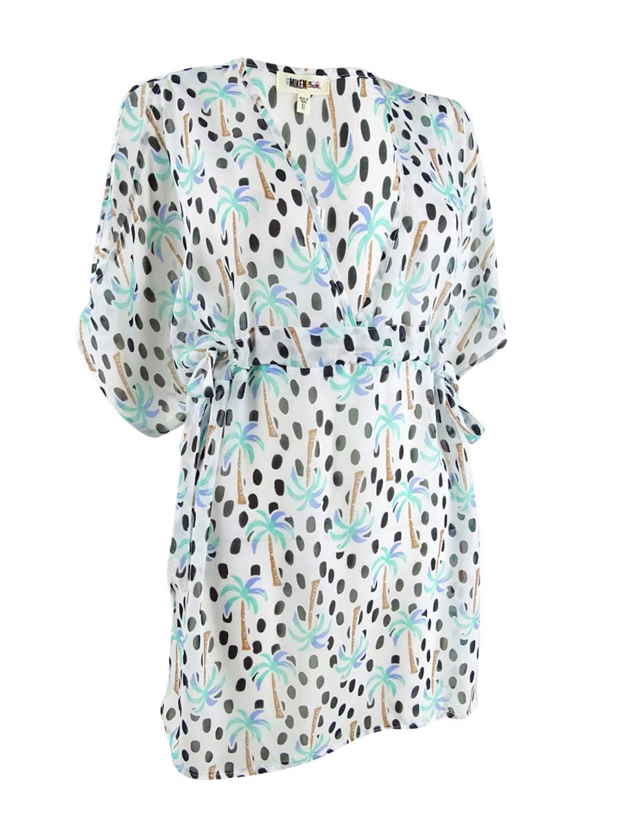 Miken Women's Printed Split-Sleeve Dolman Dress Swim Cover-Up - White Aqua, Medium Size | Beachwear, Poolside Cover, Summer Vacation Outfit, Resort Wear for Women