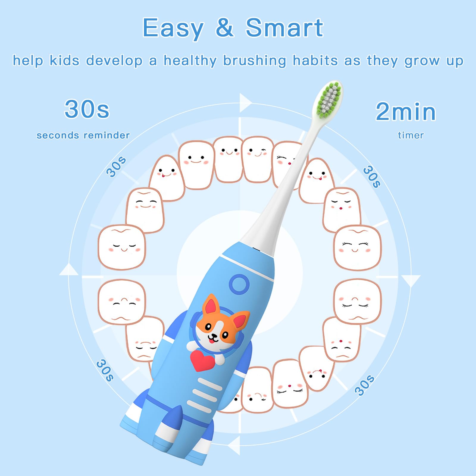 Rechargeable U-Shaped Kids Electric Toothbrush with 6 Modes & 2-Min Timer - Best Electric Toothbrush for Boys & Girls Ages 2-6 (Includes 4 Brush Heads) - Perfect for Daily Oral Care & Fun Bath Time Routine