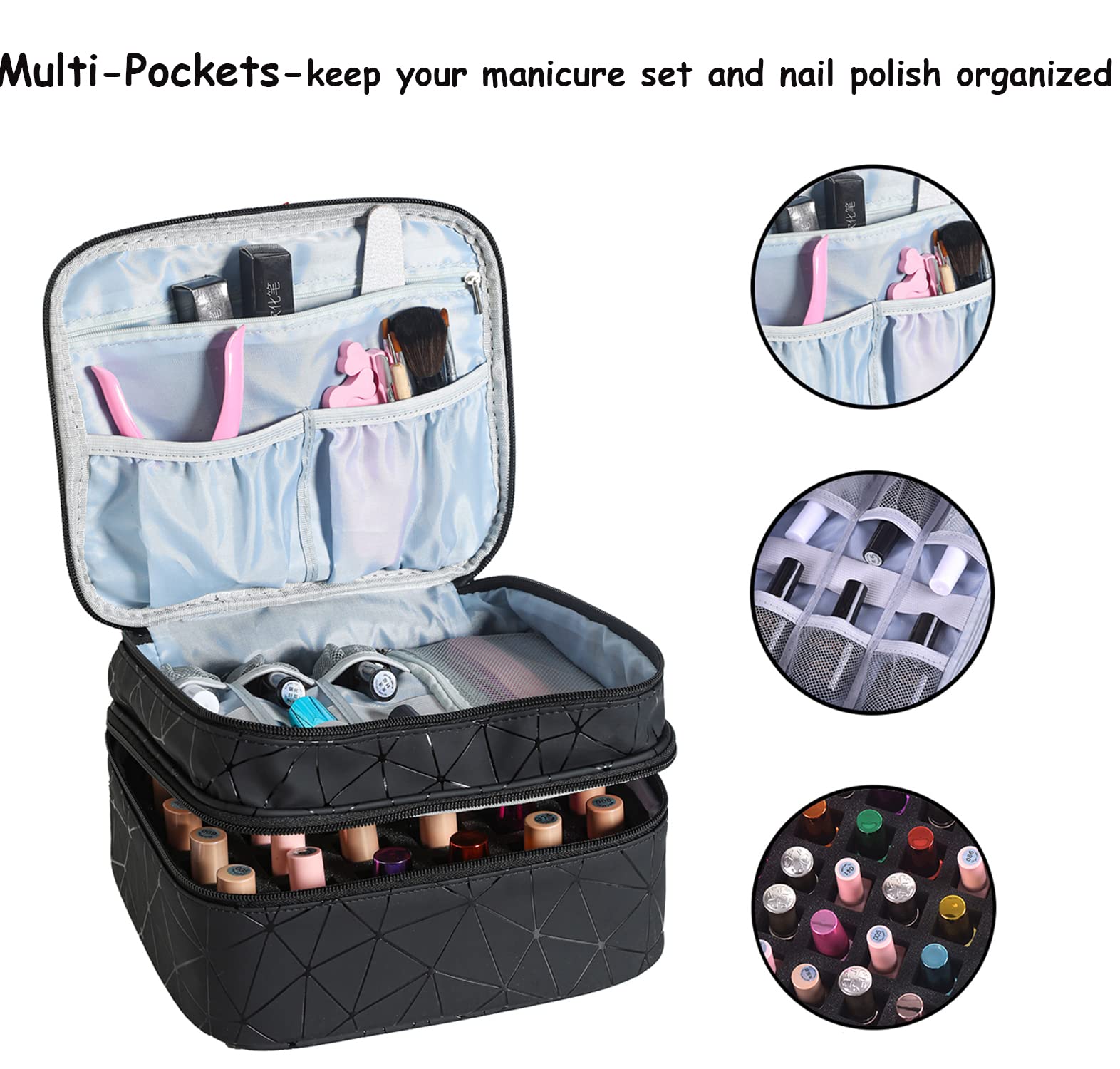 30 Bottles Nail Polish Organizer - Double Layer Nail Varnish Storage Case with Handle | Portable Nail Supply Carrying Bag for Salon, Travel & Home Organization (Black)