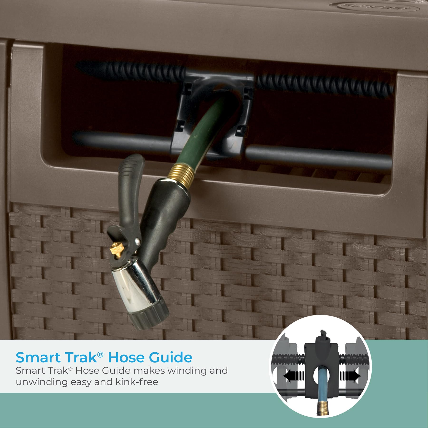Suncast 225' Hose Reel with Smart Trak Hose Guide - Durable Resin Construction, Water-Tight Connection for Leak-Free Use - Perfect for Garden, Lawn & Outdoor Watering (Brown)