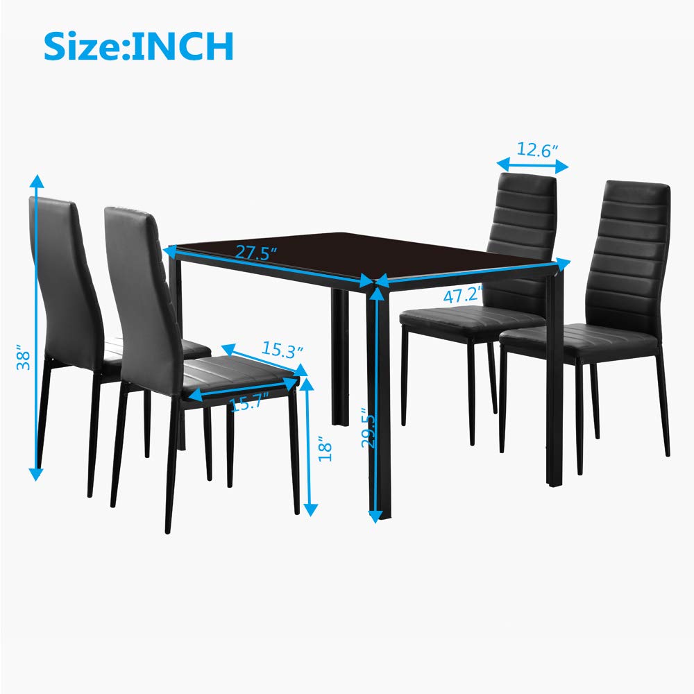Modern 5-Piece Black Dining Table Set with Tempered Glass Top & 4 Faux Leather Chairs - Kitchen & Dining Room Furniture for Small Spaces | Perfect for Family Meals, Dinner Parties & Everyday Use