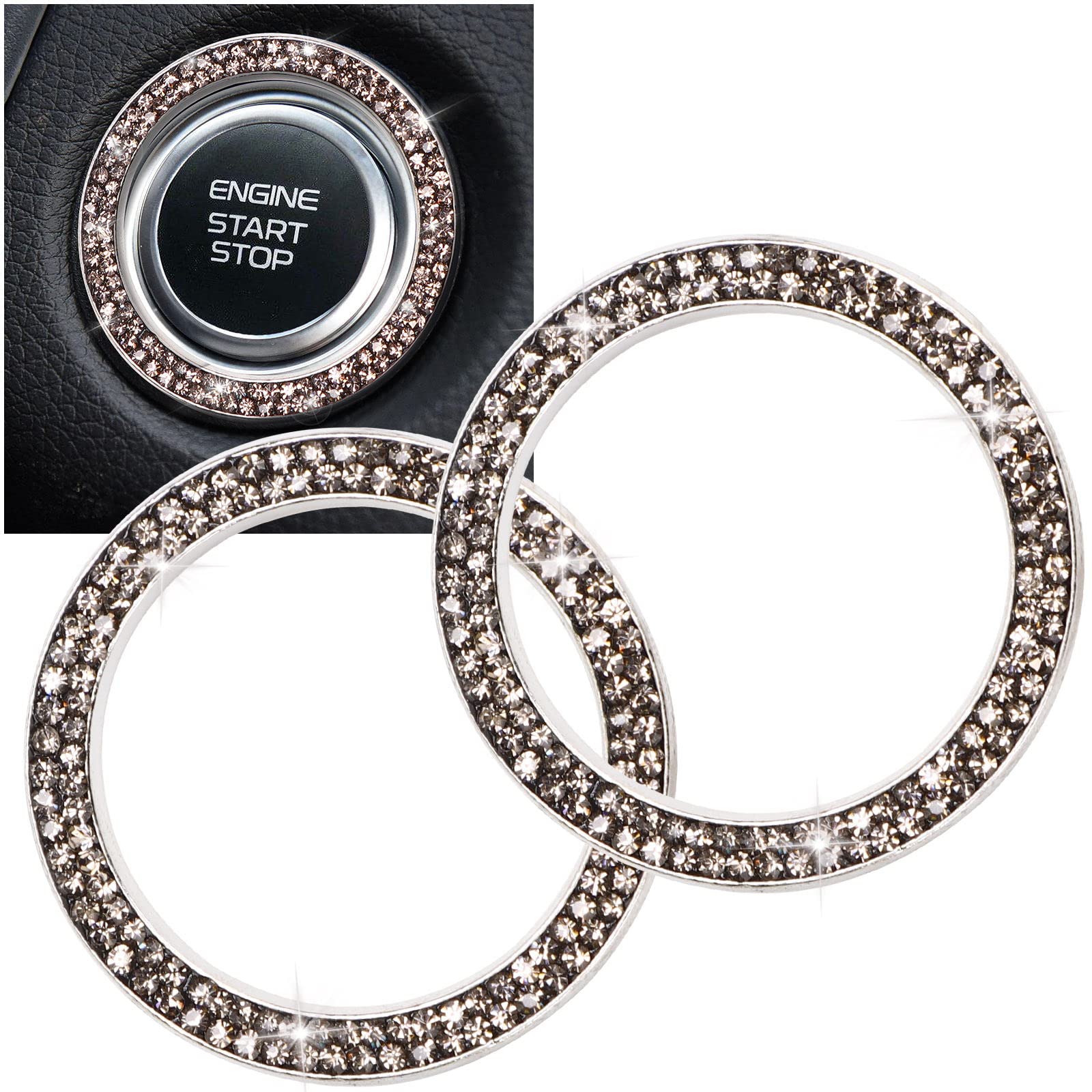 Sparkling Car Crystal Rhinestone Ring Emblem Sticker - Premium Car Interior Decoration Accessories for Women - Push Start Button Cover & Key Ignition Knob Ring (Gray) - Perfect for Luxury Car Customization & Stylish Dashboard Upgrade
