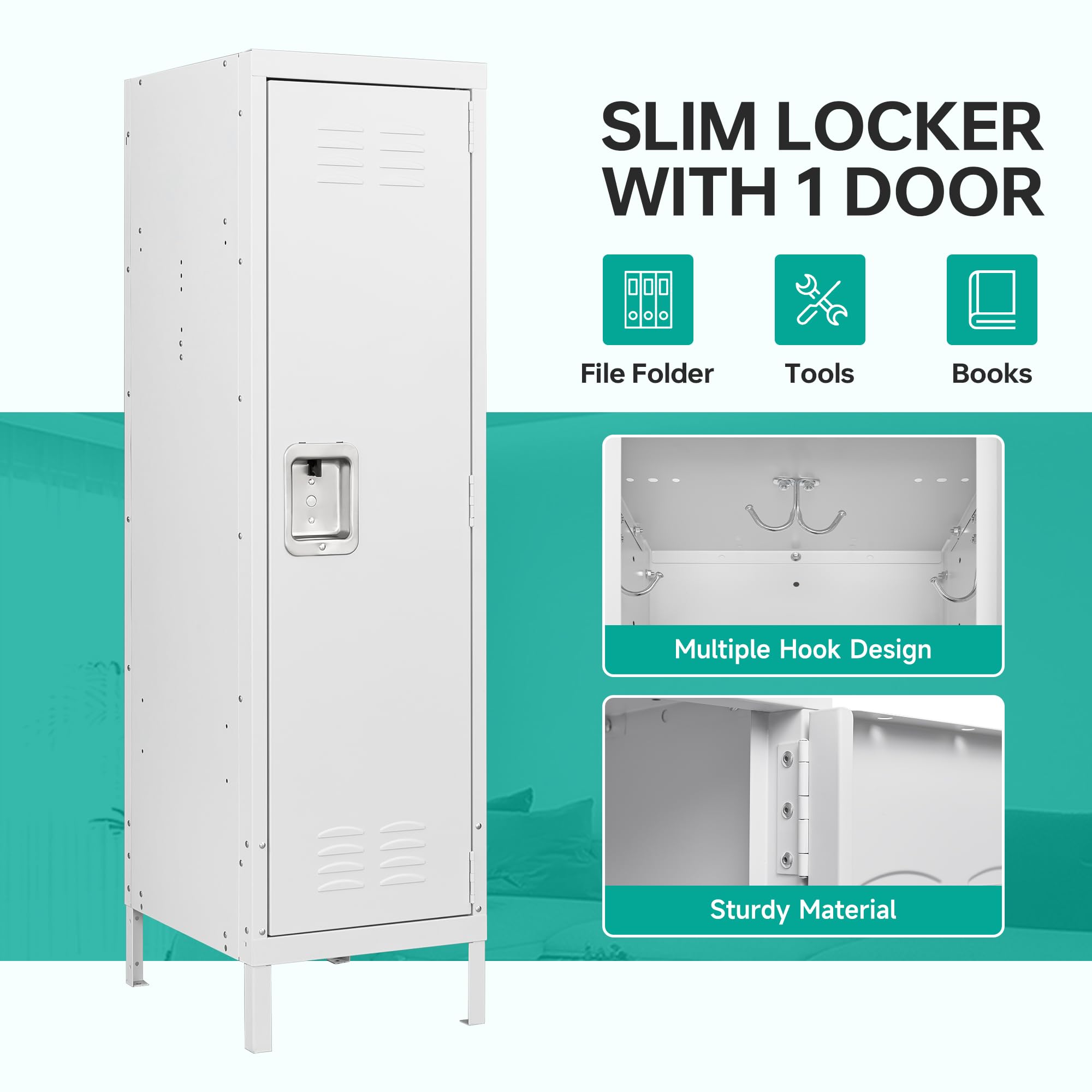 White Metal Storage Locker with Hooks - Single Door Steel Locker for Home, Office, Gym & School - Secure Employee Storage Solution for Clothes, Shoes & Personal Items