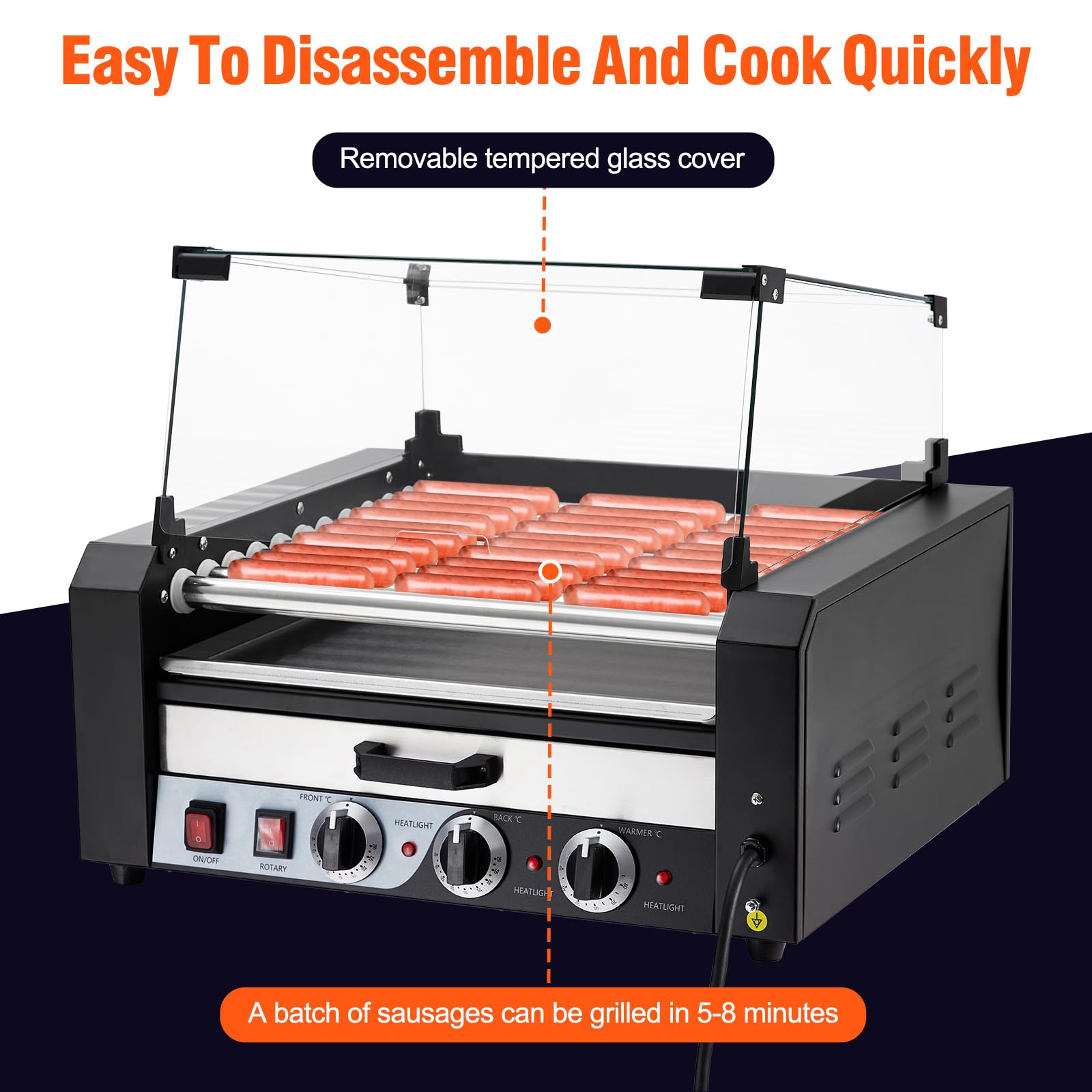 **Litake 11-Roller Commercial Hot Dog Grill Machine - 1950W Stainless Steel Sausage Roller Cooker with Removable Drip Tray, Dual Temp Control & Glass Hood - 30 Hot Dogs Capacity - Perfect for Restaurants, Food Trucks, Parties & Events**