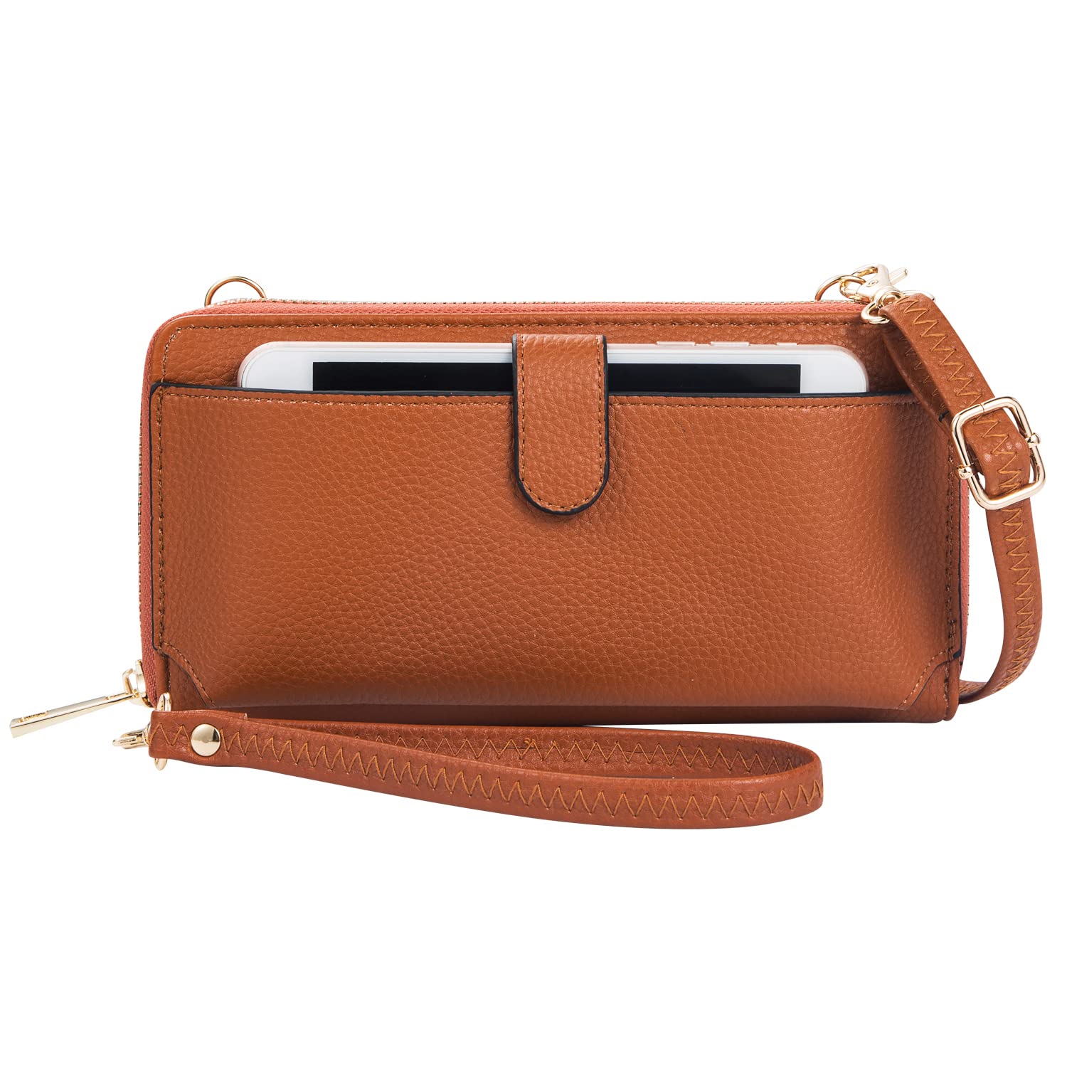 Fashionable Women's Wristlet Wallet with Phone Pocket - Cognac Leather Crossbody Purse for Daily Use, Shopping & Travel