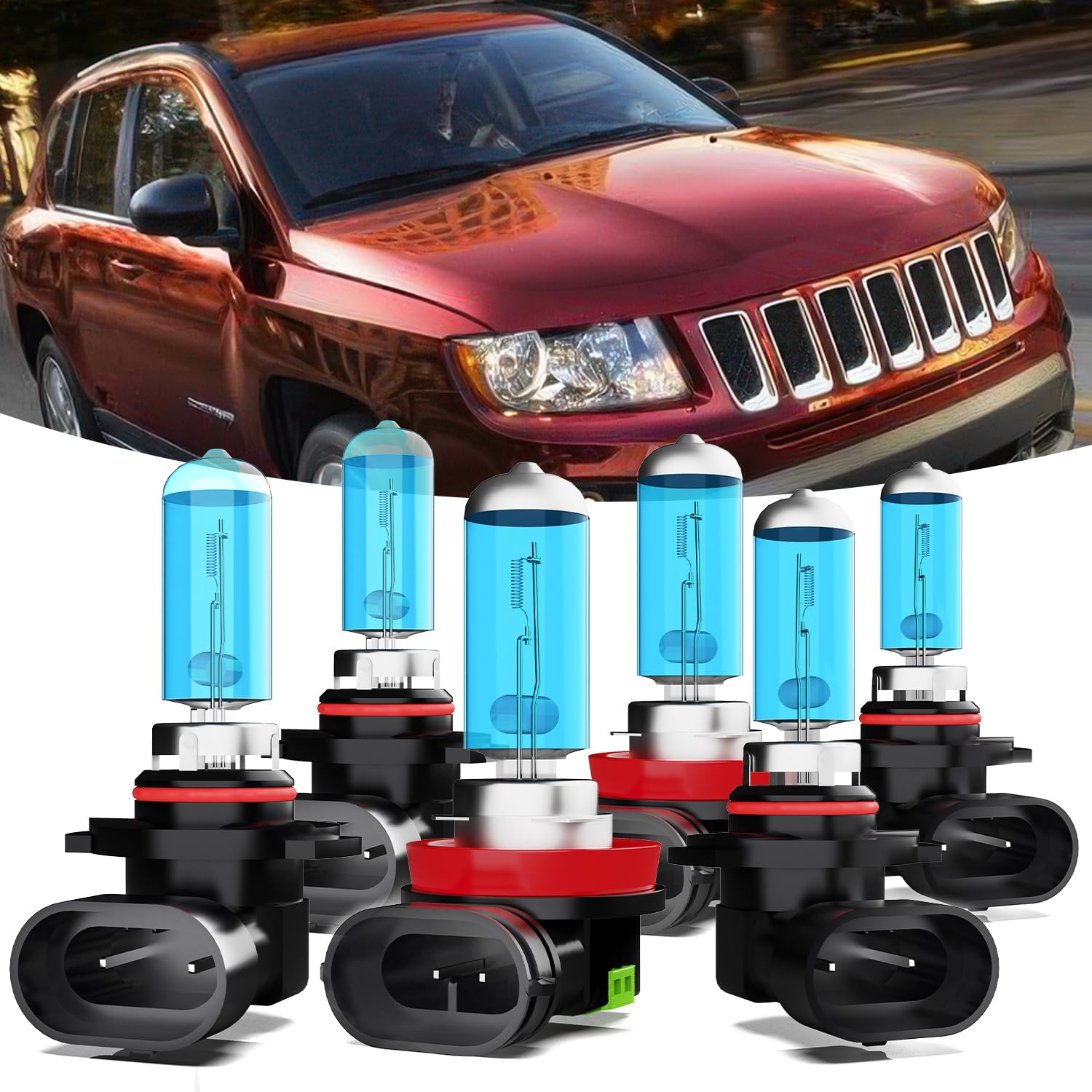 2011-2013 Jeep Compass Headlight Bulbs Kit - 9005/HB3/H10 High Beam + H11/H8/H9 Low Beam + 9006 Fog Light Combo - Plug & Play Replacement Headlamps (Pack of 6) - Perfect for Night Driving & Off-Road Adventures