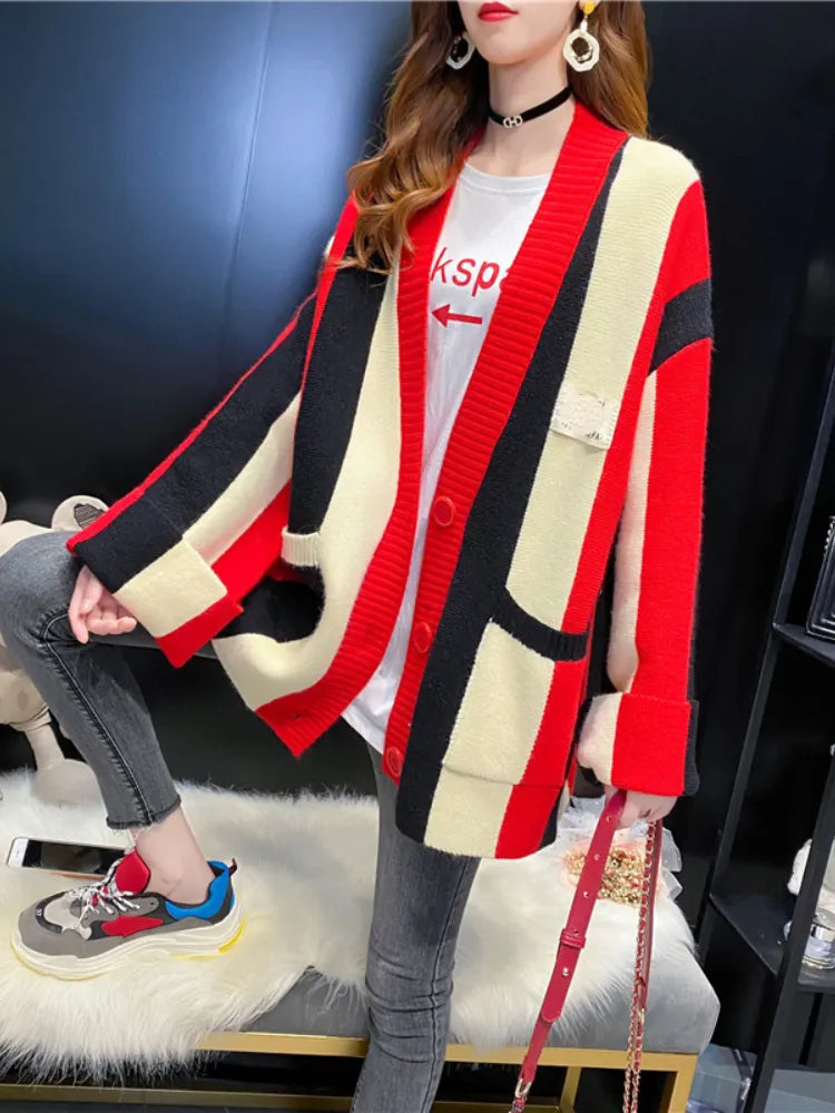 Women's Striped Knit Cardigan Sweater Coat - Loose Long Sleeve Top for Autumn Winter 2024 | Cozy Fall Layering Piece, Office Wear & Casual Outfit Essential