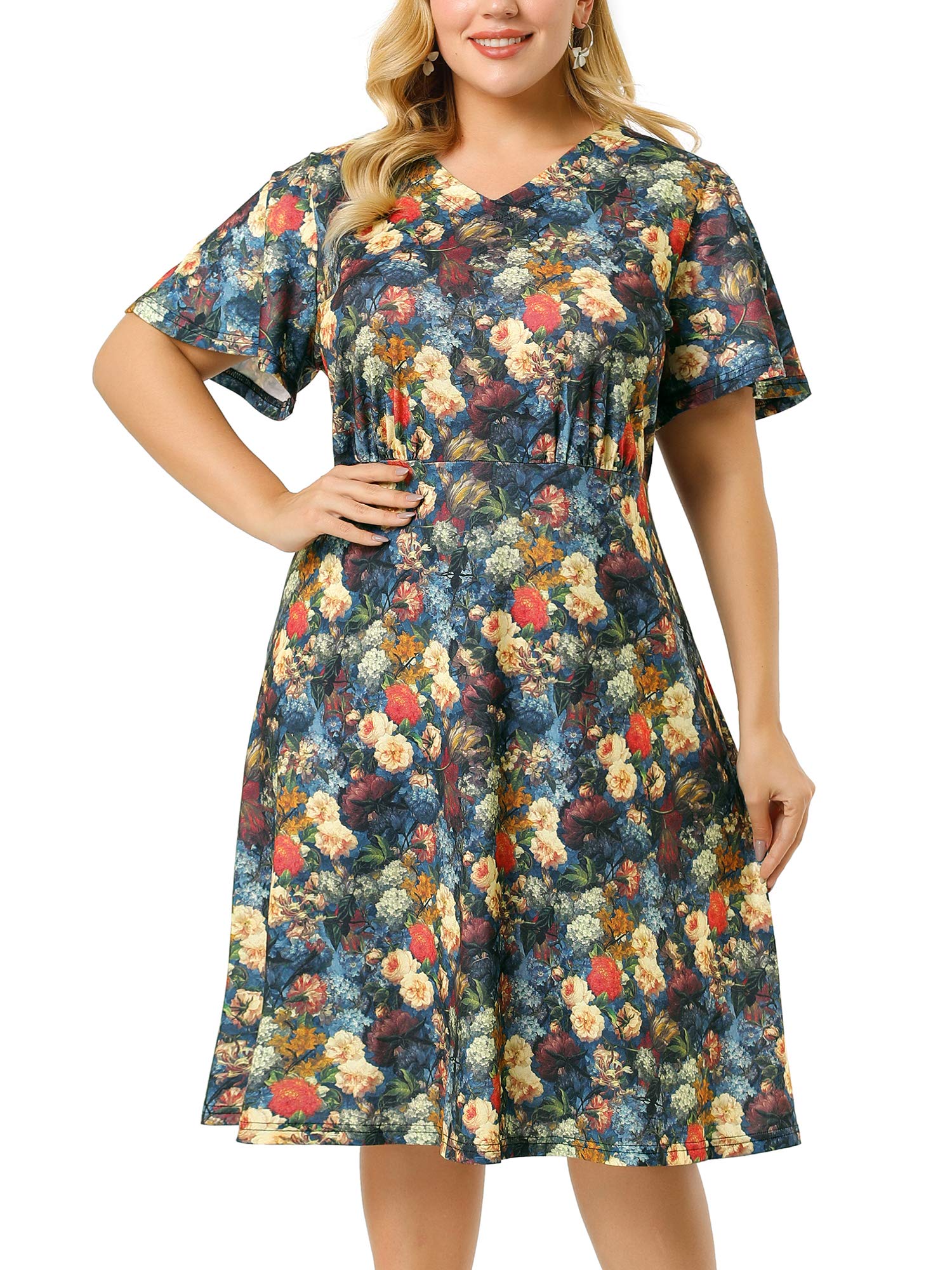 Agnes Orinda Women's Plus Size Boho Floral Dress - Elegant Short Sleeve Midi Dress for Casual Wear, Summer Outfits & Special Occasions
