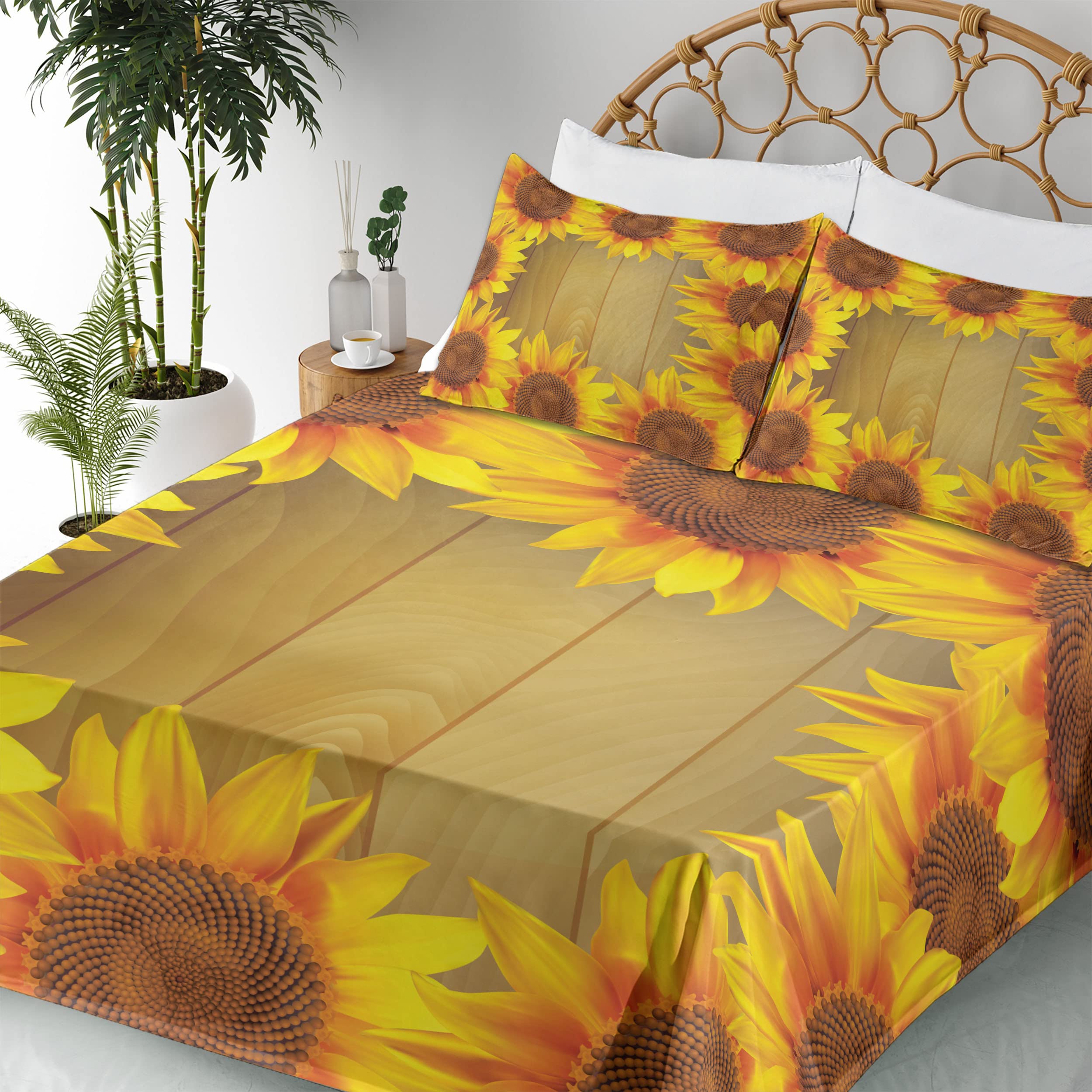 Ambesonne Sunflower King Size 4-Piece Sheet Set - Floral Circle Design on Wooden Background, Fitted & Flat Sheets with Pillowcases - Brown Orange Bedding for Farmhouse & Boho Chic Bedrooms