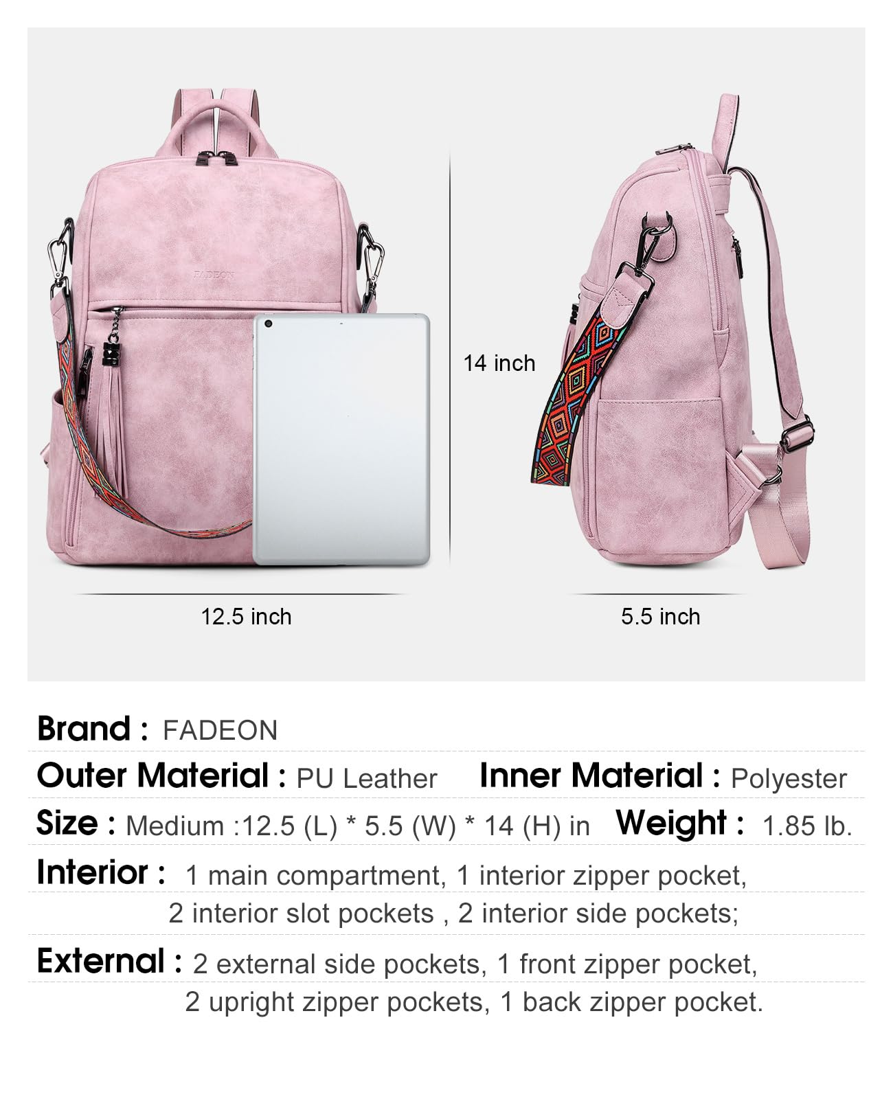 FADEON Women's Leather Backpack Purse - Stylish PU Shoulder Bag with Tassel for Travel, Work & Daily Use | Fashionable Pink Designer Handbag for Women