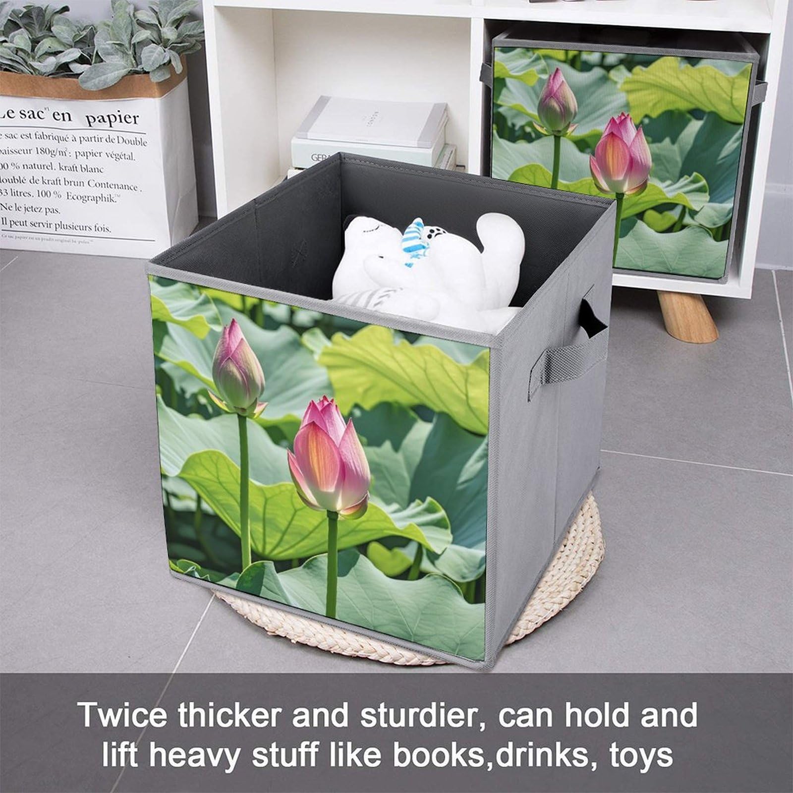 1PCS Foldable Storage Bins with Beautiful Lotus Flower Print - Large Capacity Storage Box with Handle for Home, Office & Playroom Organization - Perfect for Toys, Books & Clothes Storage