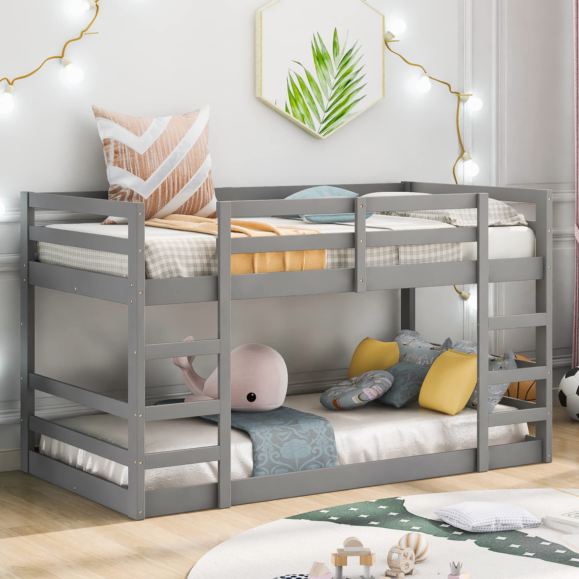 P PURLOVE Twin Over Twin Wooden Low Bunk Bed for Kids & Teens - Sturdy Low Loft Bed with Wood Slats (No Box Spring Needed) - Perfect for Small Bedrooms, Guest Rooms & Kids' Sleepovers