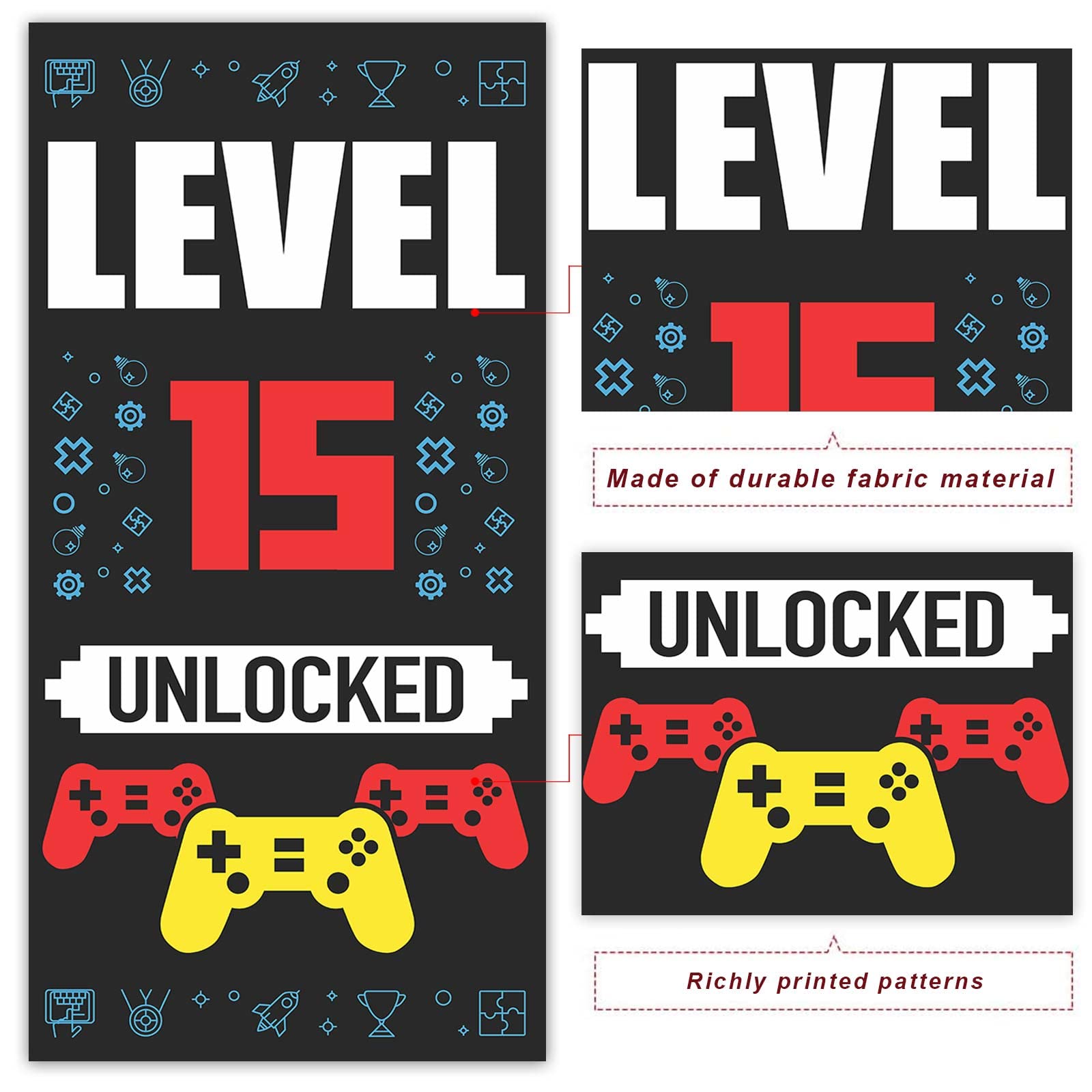Happy 15th Birthday Level Up Banner - Video Game Themed Backdrop & Photo Booth Props for Teen Parties | Perfect for Boys & Girls 15th Birthday Decorations, Gaming Theme Party Supplies | Great for Birthday Celebrations, Photo Backdrops, and Gaming Party Decor