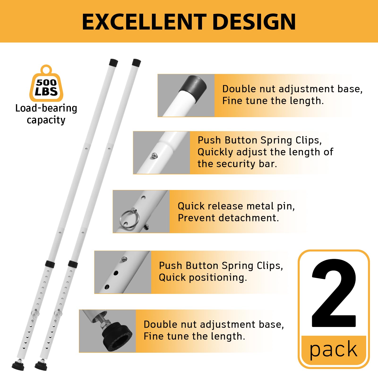 2 Pack Adjustable Sliding Door Security Bar 16.5-51 Inch - Heavy Duty Patio Door Lock with Rubber Tips, 1.1 Inch Diameter White Metal Window Bar for Home Security - Perfect for French Doors, Balcony & Apartment Safety