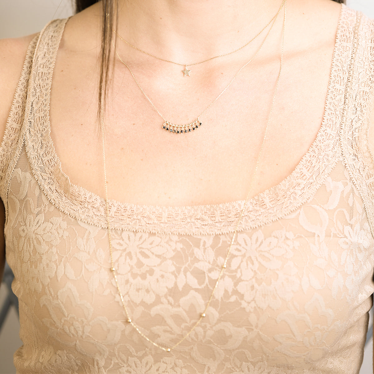 14K Solid Yellow Gold Black Onyx Fringe Necklace - Elegant Dainty Layering Jewelry for Women, Perfect for Parties, Weddings & Everyday Wear
