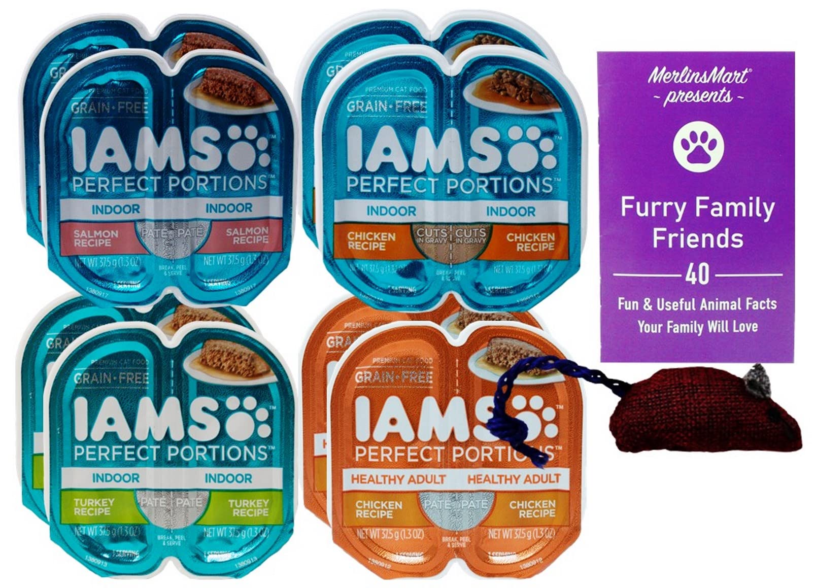 Iams Perfect Portions Grain-Free Pate Wet Cat Food Variety Pack - 8 Cans (2.6oz Each) with Chicken, Salmon & Turkey Flavors + Free Toy & Fun Facts Booklet - Ideal for Indoor Cats' Daily Meals & Special Treats