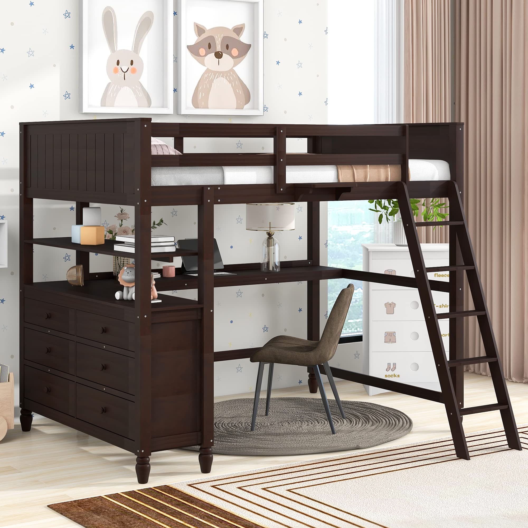 Full Size Loft Bed with Desk & Storage Drawers - Sturdy Wooden Loft Bed Frame with Ladder for Kids, Teens & Adults - Space-Saving Study & Sleep Solution for Small Rooms - Espresso Finish