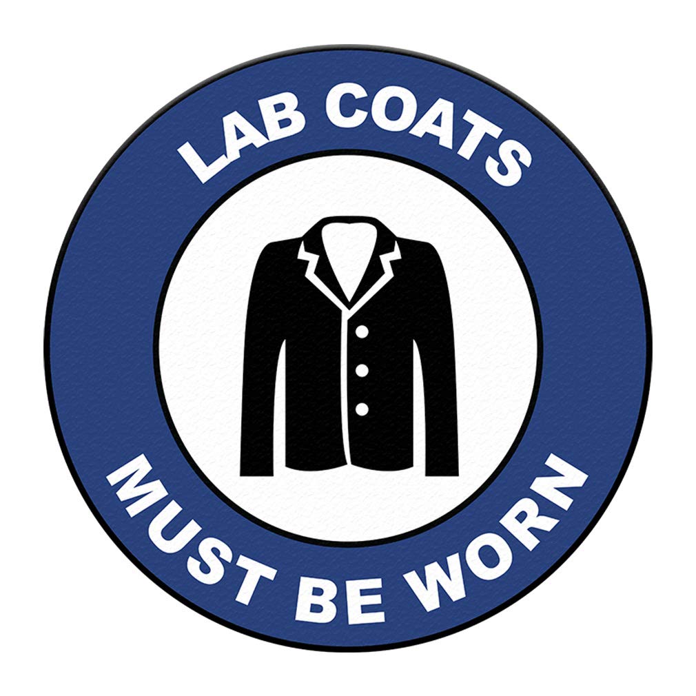 Anti-Slip Blue & Black Round Floor Decals - 36 Inch Industrial Safety Signs for Labs, Workshops & Craft Rooms - Must Wear Lab Coats Warning Stickers