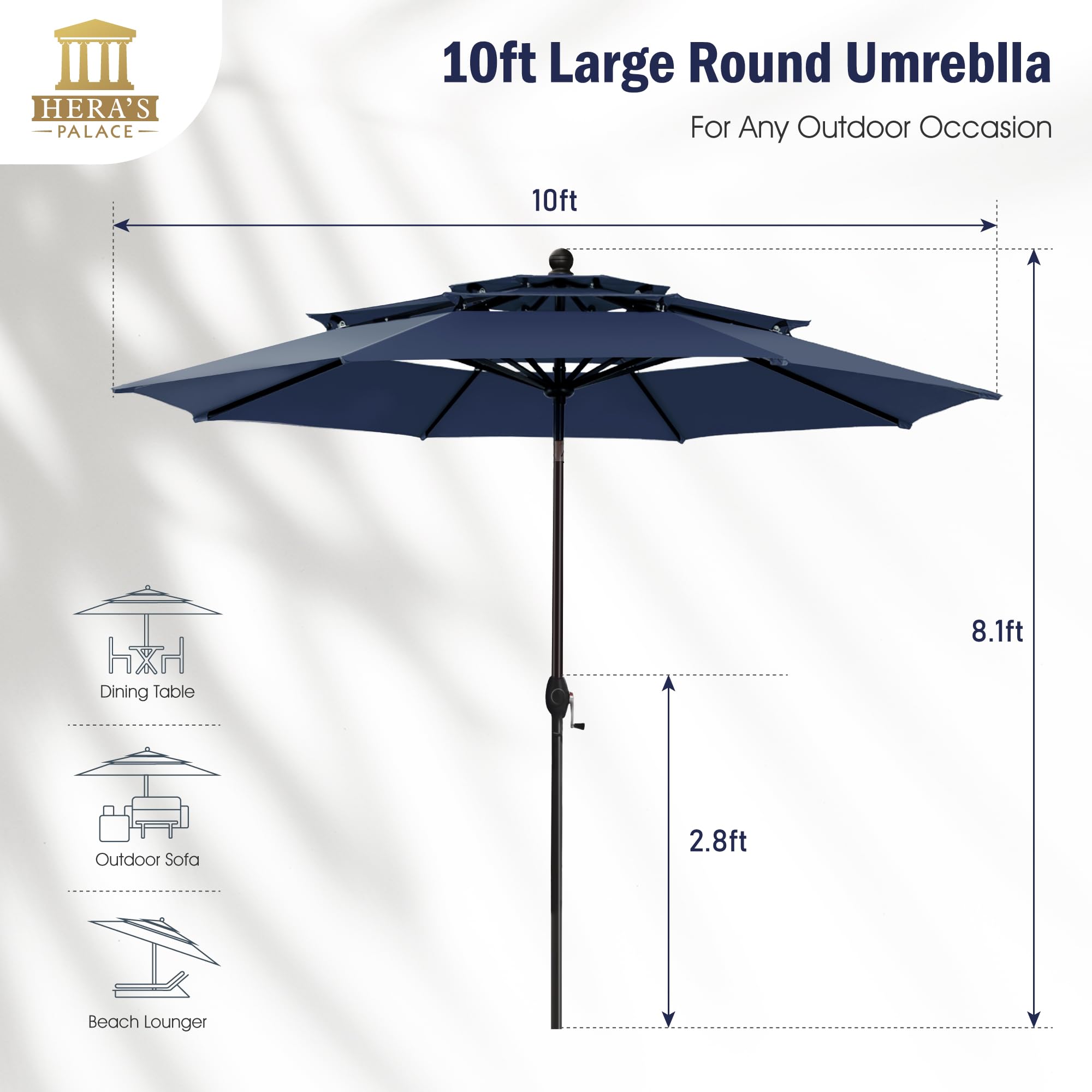 HERA'S PALACE 10 Ft 3-Tier Outdoor Patio Umbrella with Ventilation & Tilt Adjustment - UV Protection Sun Shade for Backyard, Pool, Garden, Deck, and Outdoor Dining
