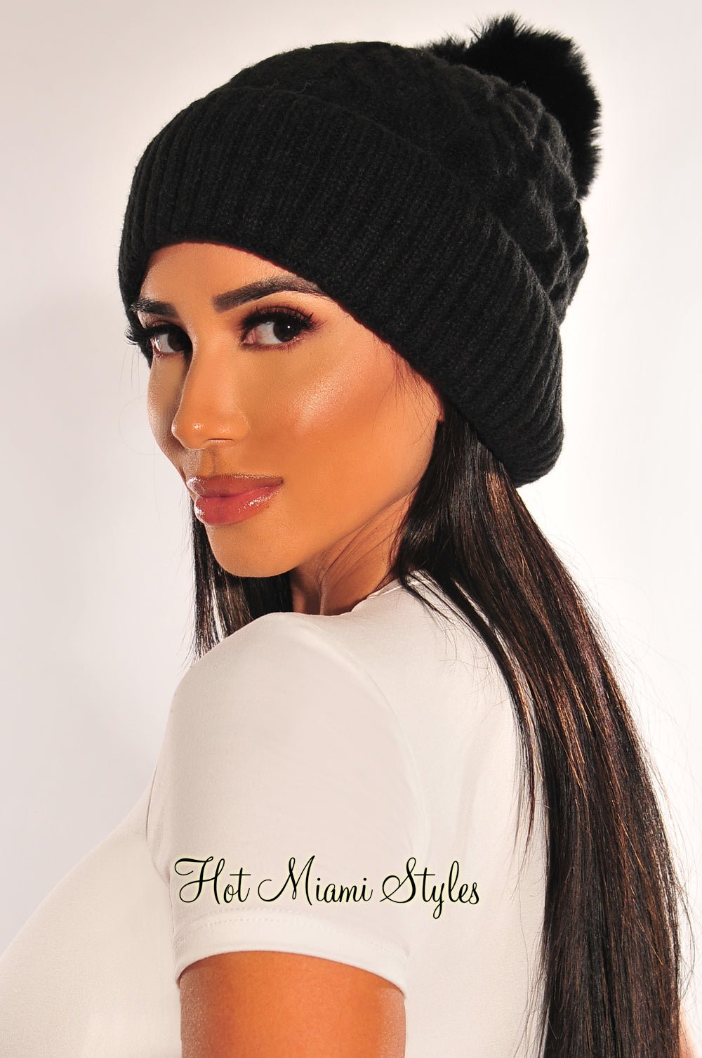 Black Cable Knit Pom Beanie Hat for Women & Men - Warm Winter Knit Hat with Faux Fur Pom - Perfect for Skiing, Snowboarding & Outdoor Activities