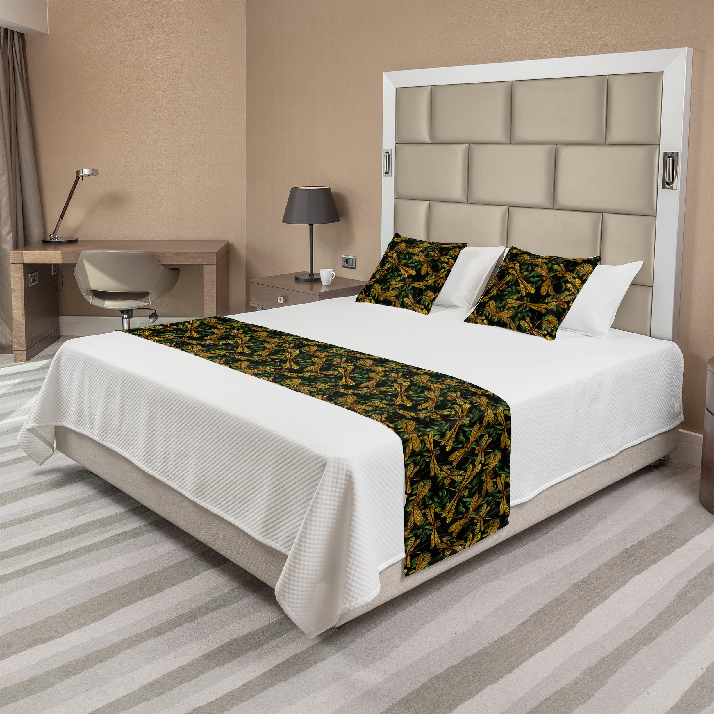 Ambesonne Dragonfly Bed Runner Set with Pillow Shams - Mediterranean Nature Design Featuring Dragonflies & Olive Branches - Decorative Bed Scarf for Hotels, Bedrooms, Guest Rooms - Multicolor Bohemian Home Decor