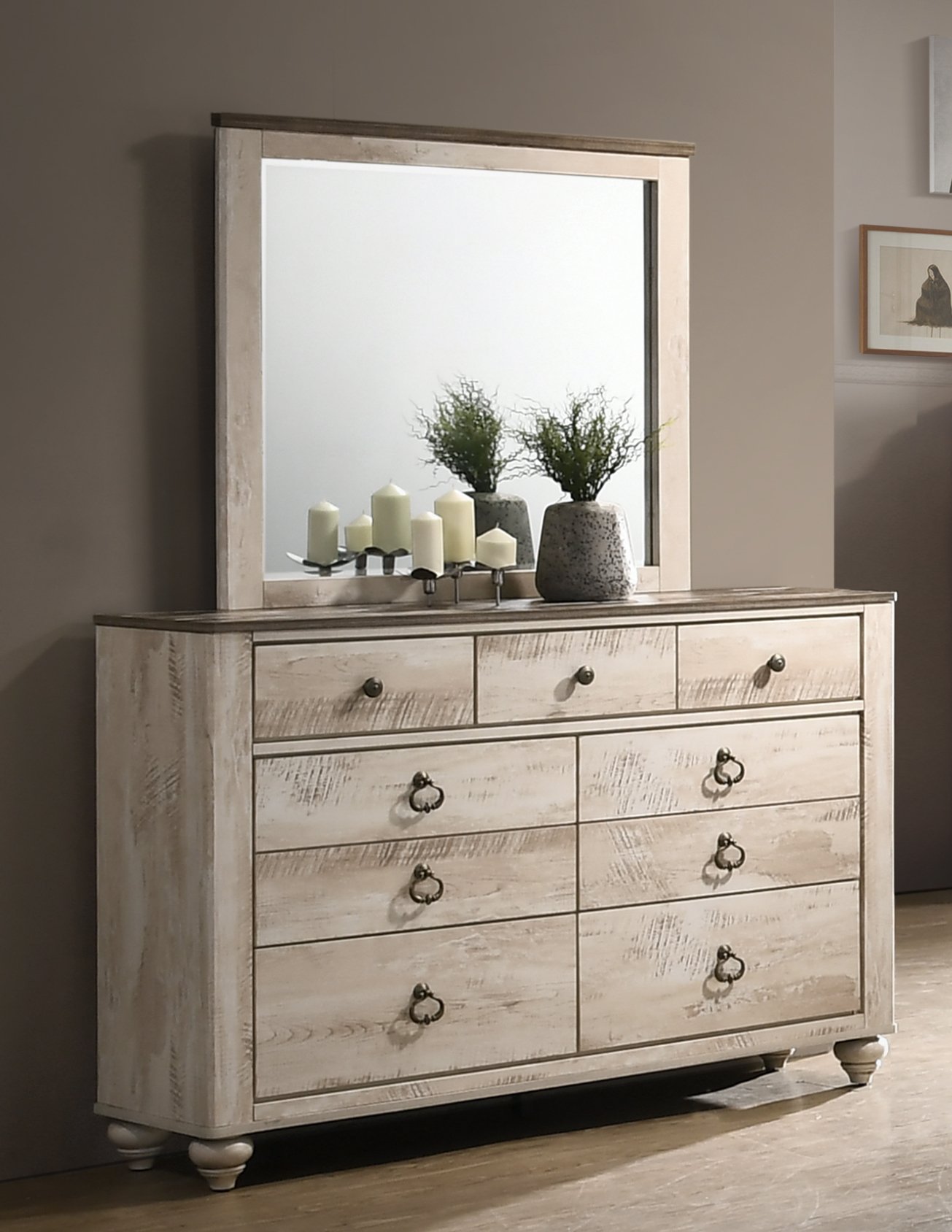 Roundhill Furniture Imerland 6-Piece King Size Sleigh Bedroom Set with White-Washed Finish - Perfect for Master Bedrooms & Guest Rooms