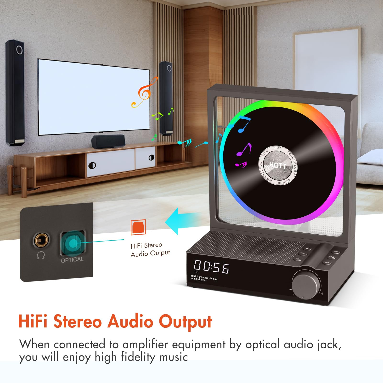 Portable Bluetooth CD Player with HiFi Speakers - 5.3 Wireless, RGB Lights, TF Card Slot & USB Recording - Desktop CD Player with LED Display for Home, Office & Car Use (Grey)