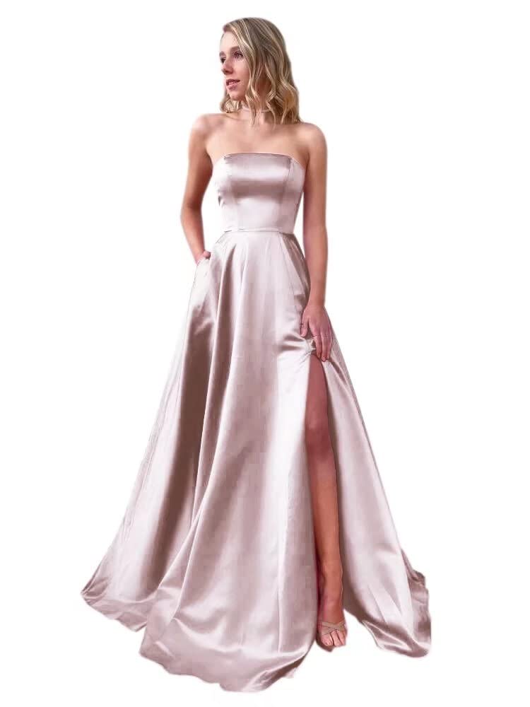 VinBridal Women's Strapless Open Back Prom Dress with Slit & Pockets - A-Line Formal Evening Gown for Homecoming, Wedding Guest & Party - 2022 Collection