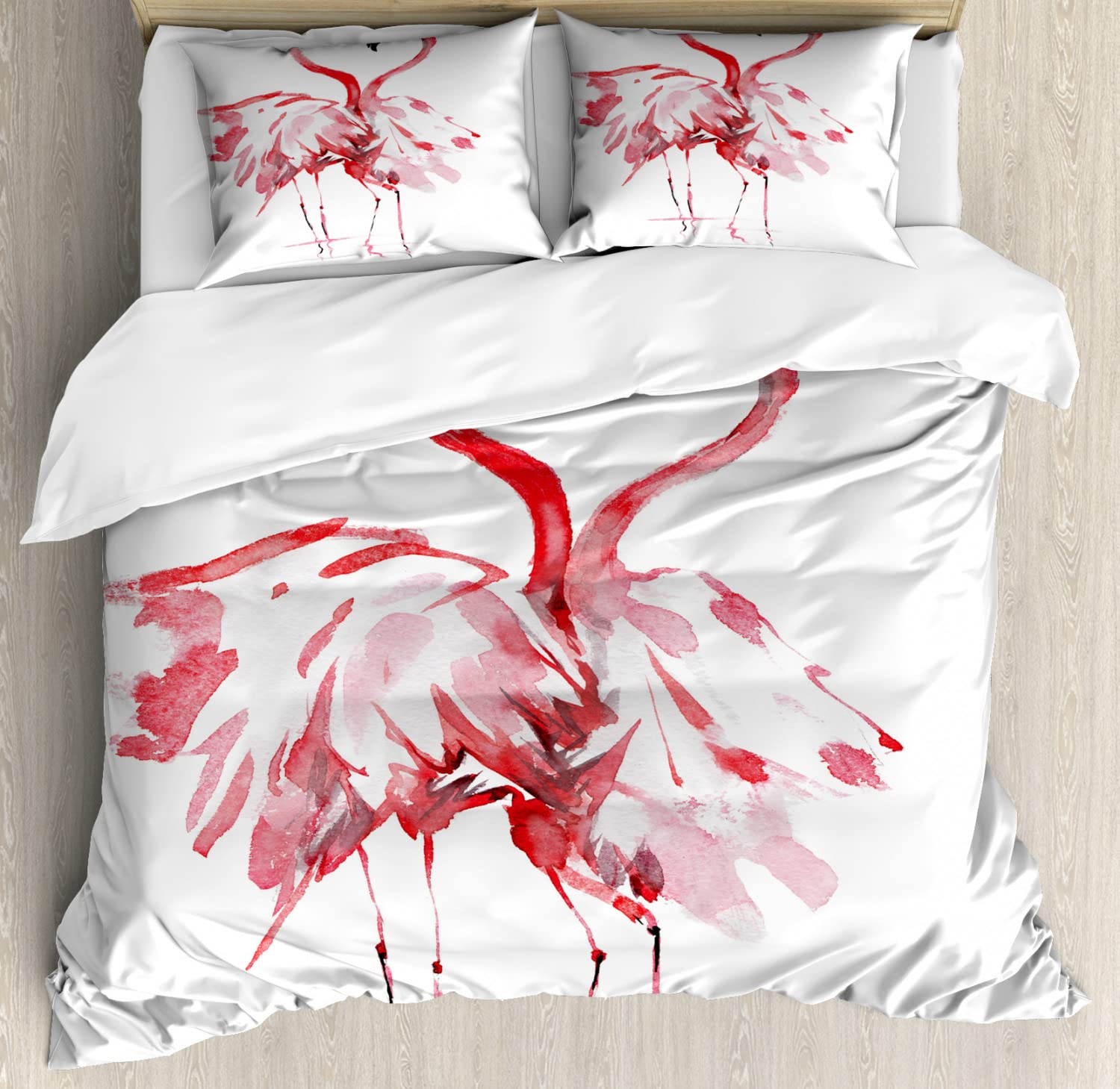 Ambesonne Flamingo Duvet Cover Set - Romantic Watercolor Flamingo Couple Kissing Design, King Size 2-Piece Bedding Set with 2 Duvet Covers & 4 Pillowcases in Dark Coral & White - Perfect for Couples Bedroom, Guest Room or Tropical Themed Decor