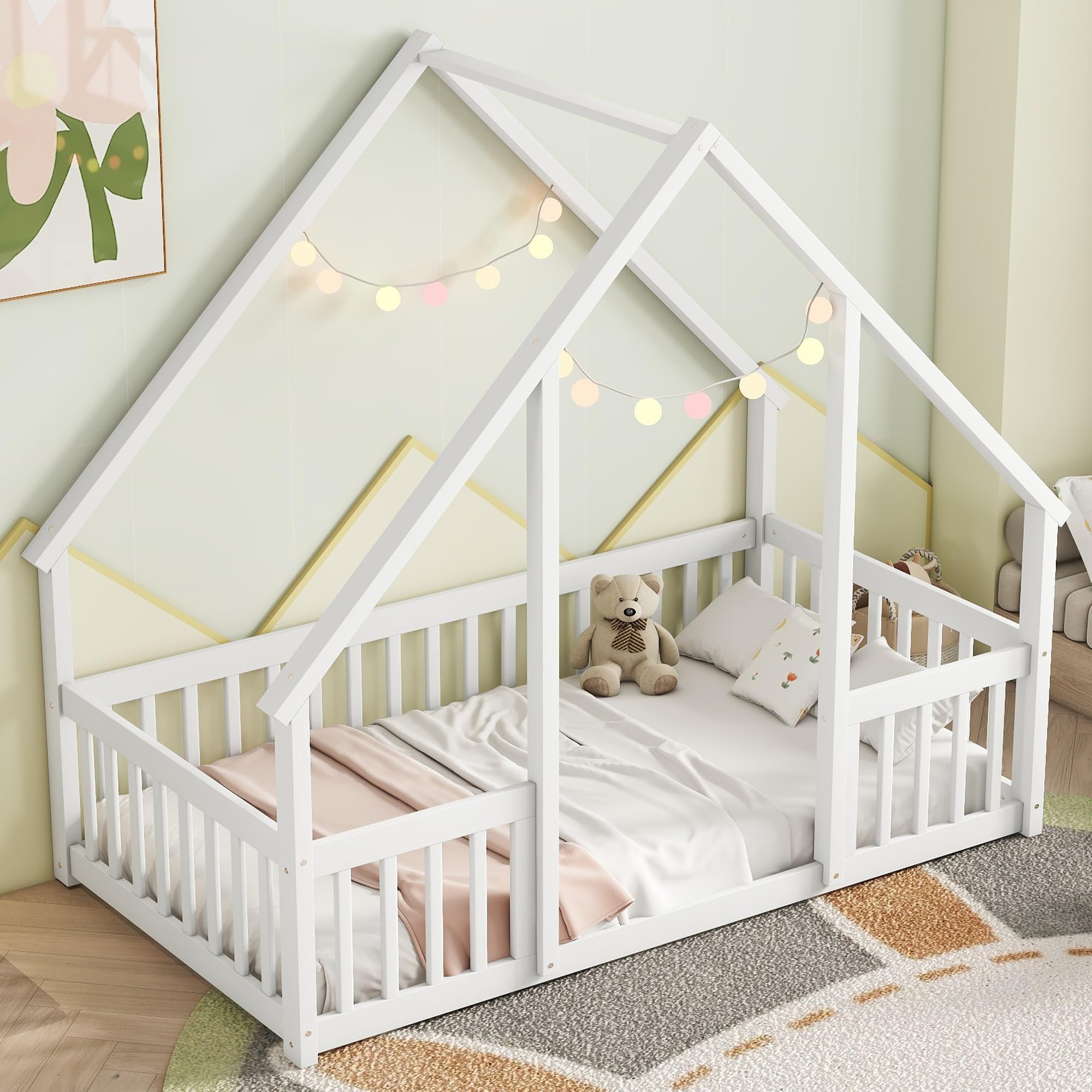 Montessori Twin Size House Bed for Kids - Wooden Floor Bed with Safety Fence Rails - White Bed Frame for Girls, Boys & Teens - Perfect for Playrooms, Bedrooms & Montessori Learning Spaces