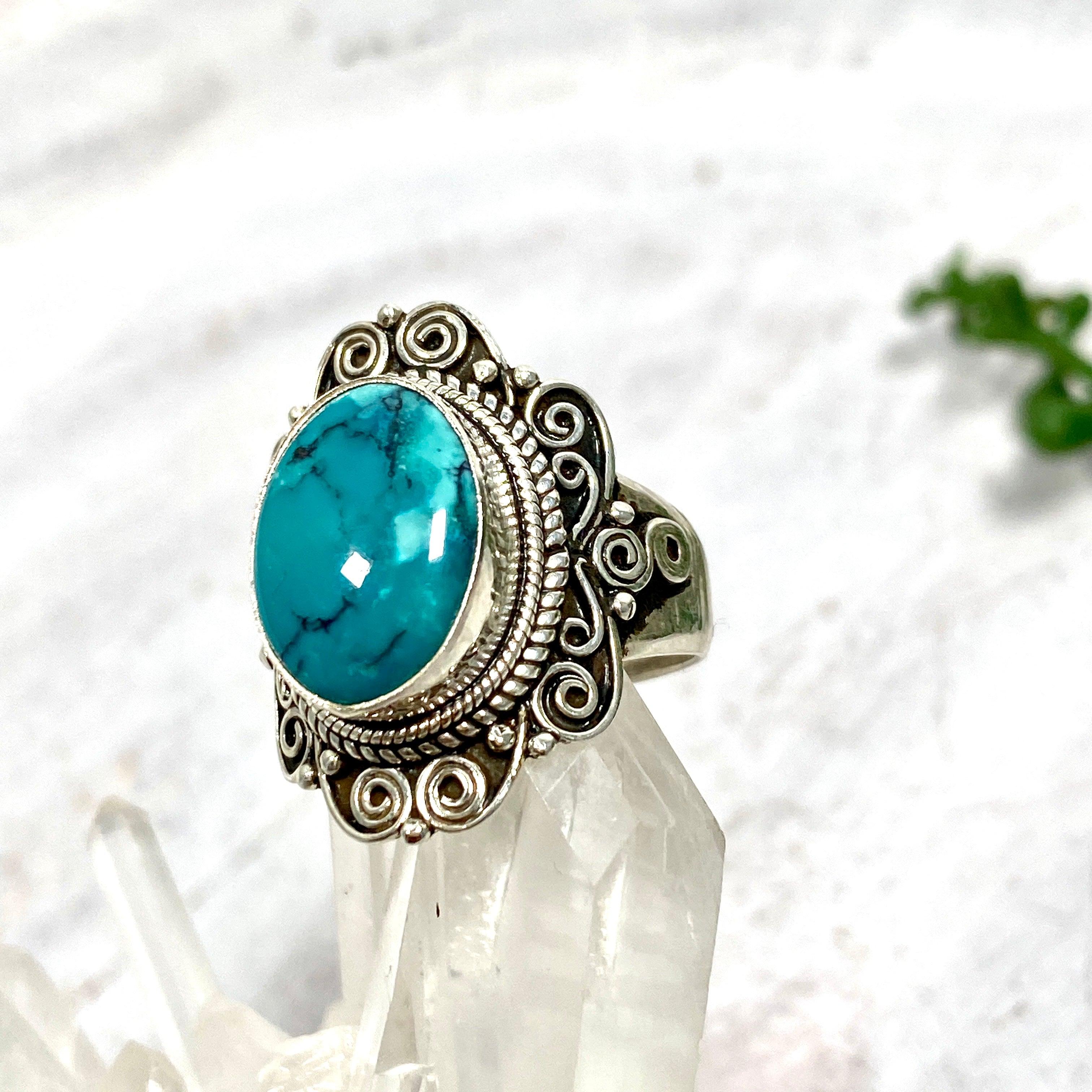 Boho Style Turquoise Oval Ring Size 8 - Handmade Sterling Silver Jewelry for Women, Perfect for Festivals, Weddings & Everyday Boho Fashion