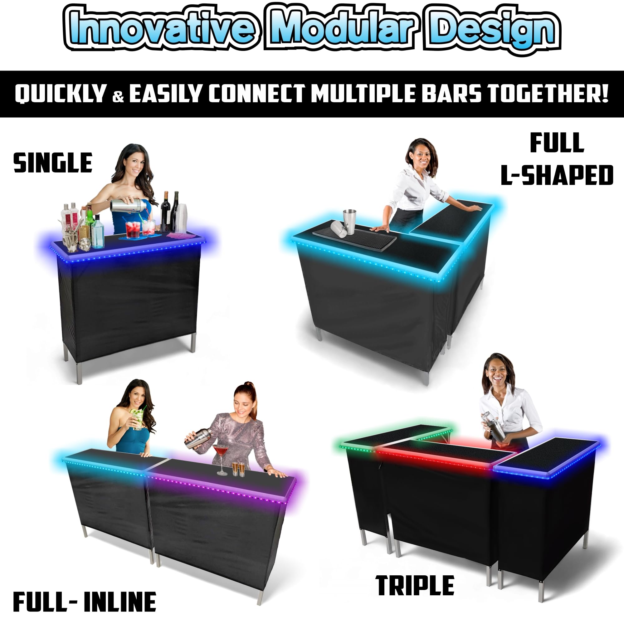 PartyPong Folding Portable Double Bar with LED Lights - Wireless Remote, 2 Bar Skirts, Storage Shelf & Carrying Case - Black - Perfect for Home Parties, Outdoor Events & Game Nights