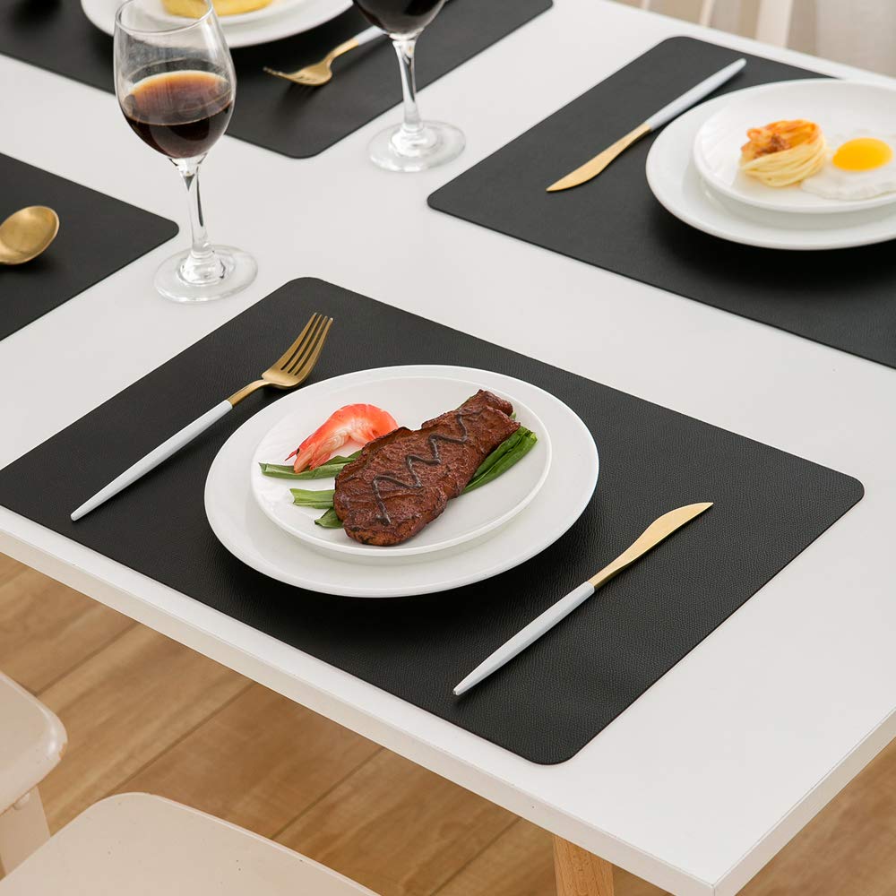 DOLOPL Set of 6 Black Waterproof Faux Leather Placemats - Heat Resistant Table Mats for Kitchen & Dining Room Decor - Wipeable Indoor Outdoor Table Mats for Daily Use, Parties & Picnics