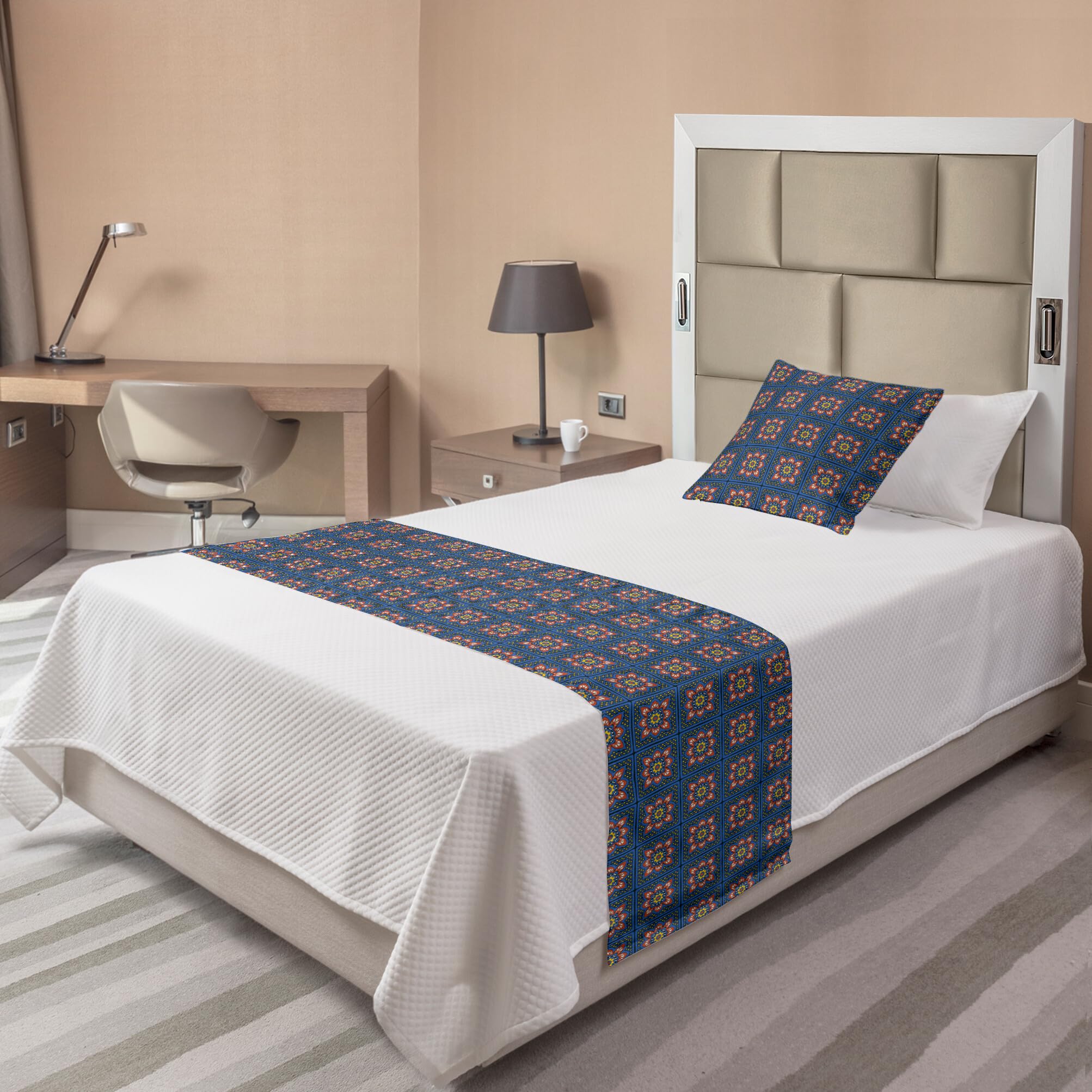 Ambesonne Boho Bed Runner Set - Talavera Inspired Squares with Dots & Floral Pattern, Decorative Bed Scarf & Pillow Sham for Home & Hotel Decor, Twin Size, Coral & Dark Sky Blue - Perfect for Bohemian Bedroom, Guest Room & Airbnb Styling