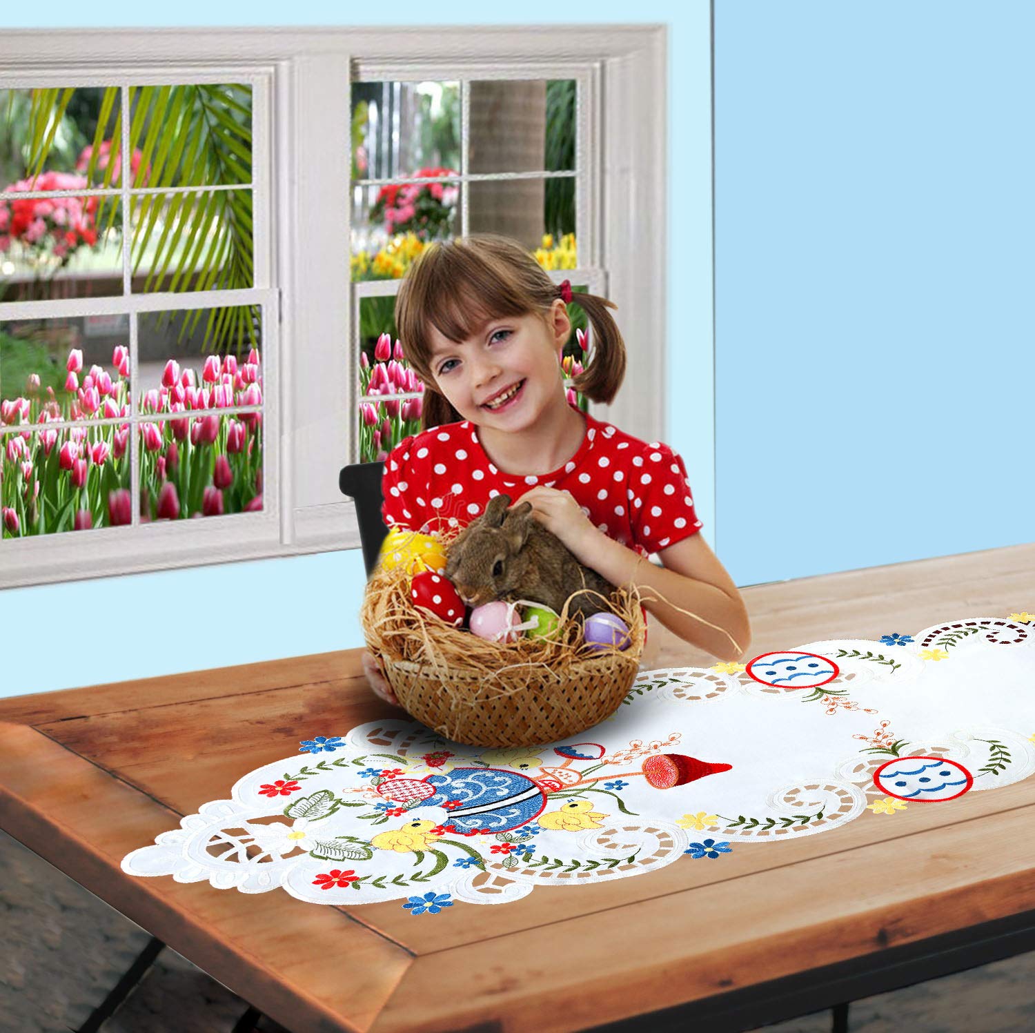 Simhomsen Embroidered Chicks Table Runner - 14 x 89 Inch Easter & Spring Decor, Farmhouse Dresser Scarf for Dining Table, Buffet, and Kitchen Island Decorations