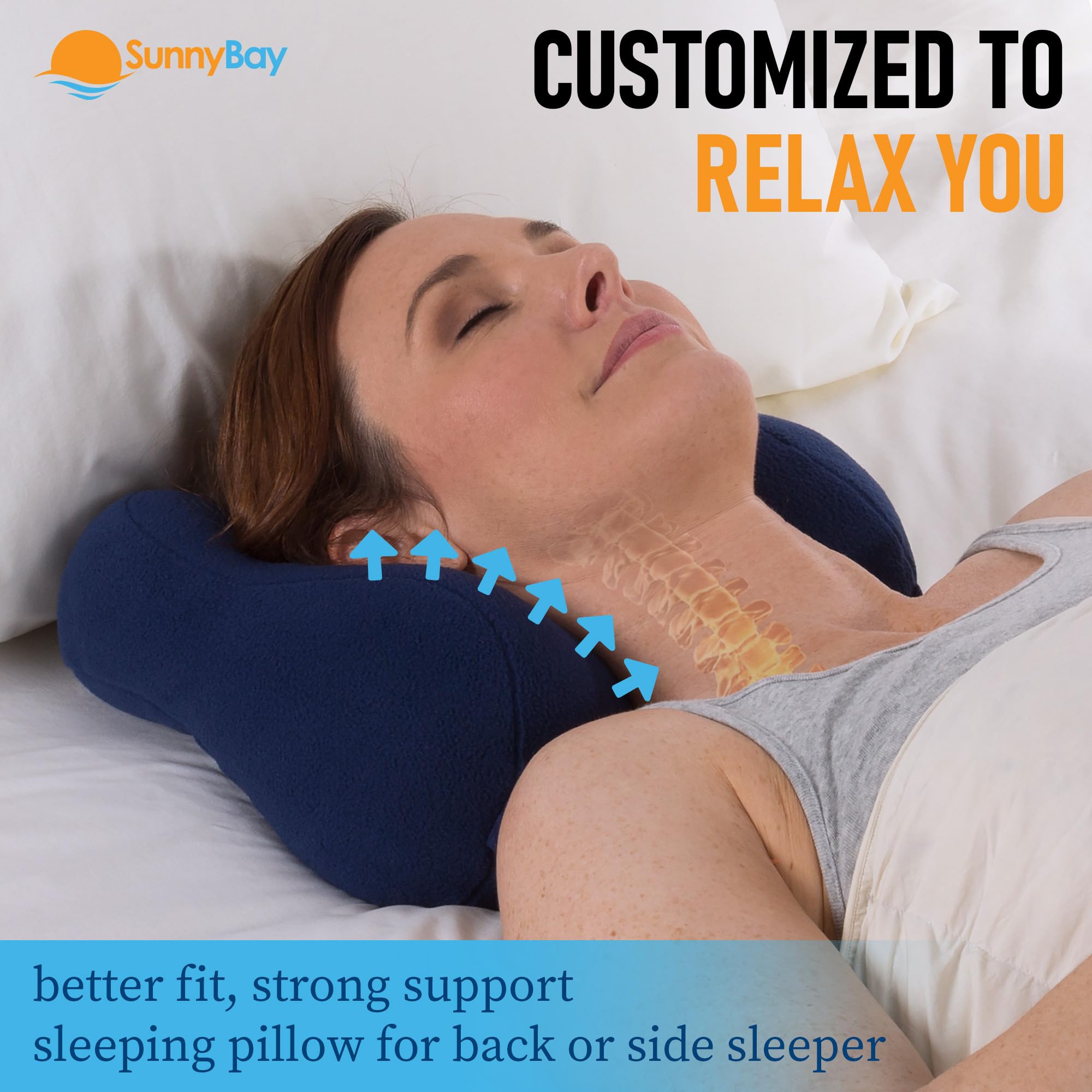 Sunnybay Chiropractic Neck Pillow for Pain Relief - Ergonomic Travel Neck Support Pillow for Airplane, Car & Home Use - Therapeutic Cervical Pillow for Stress & Neck Therapy (Large, Navy Blue)