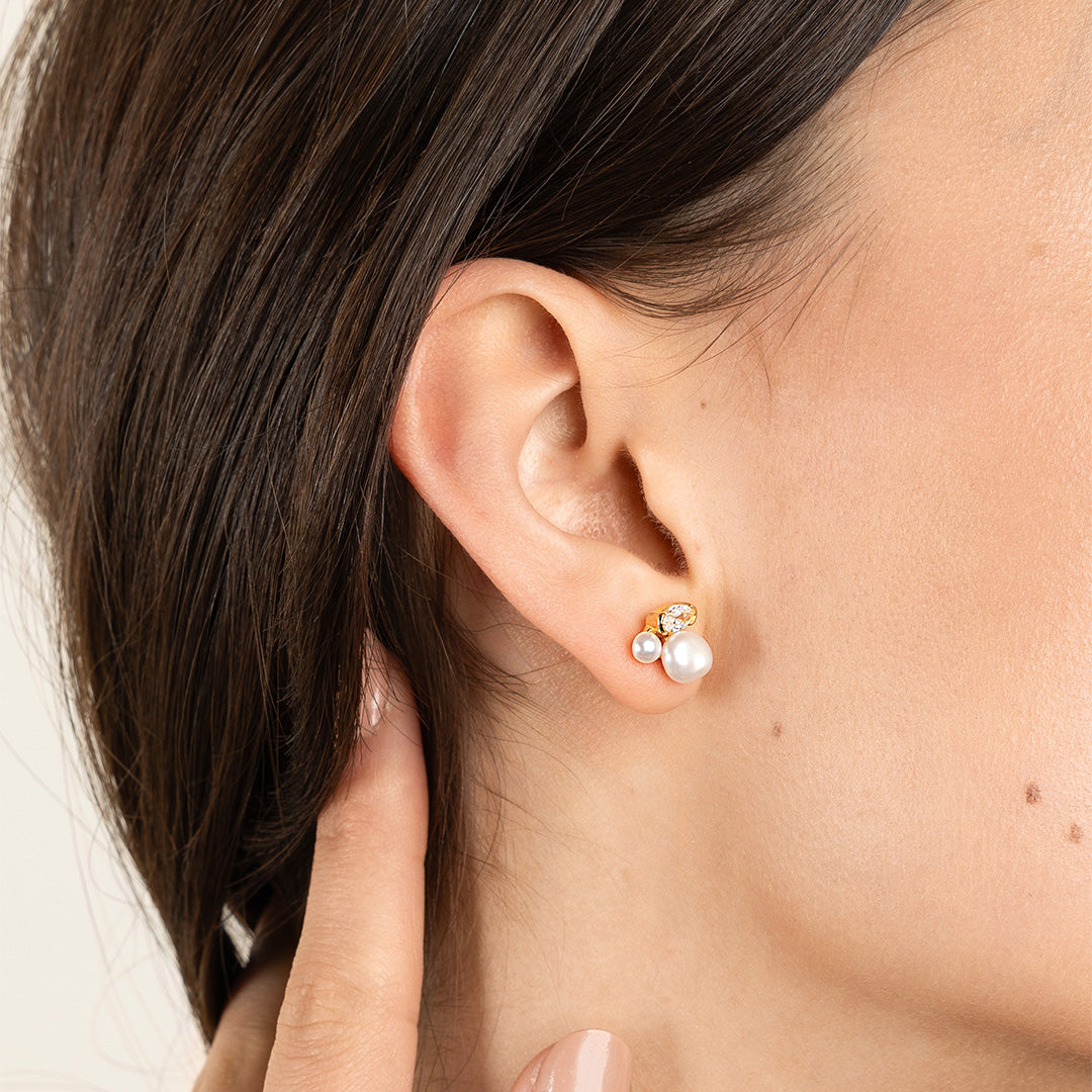 Pia Pearl Stud Earrings for Women - 14K Gold Plated Elegant Pearl Earrings - Perfect for Weddings, Parties & Everyday Wear