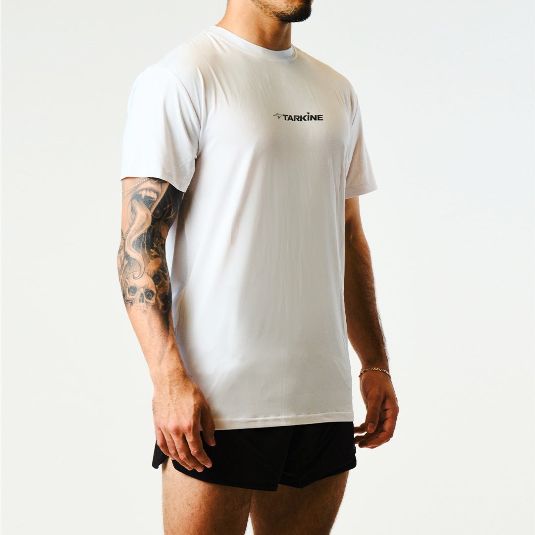 Eco-Friendly Men's Running T-Shirt - Tarkine Ultra Performance Tee in Tassie Devil White/Thin | Perfect for Trail Running, Gym Workouts & Outdoor Activities