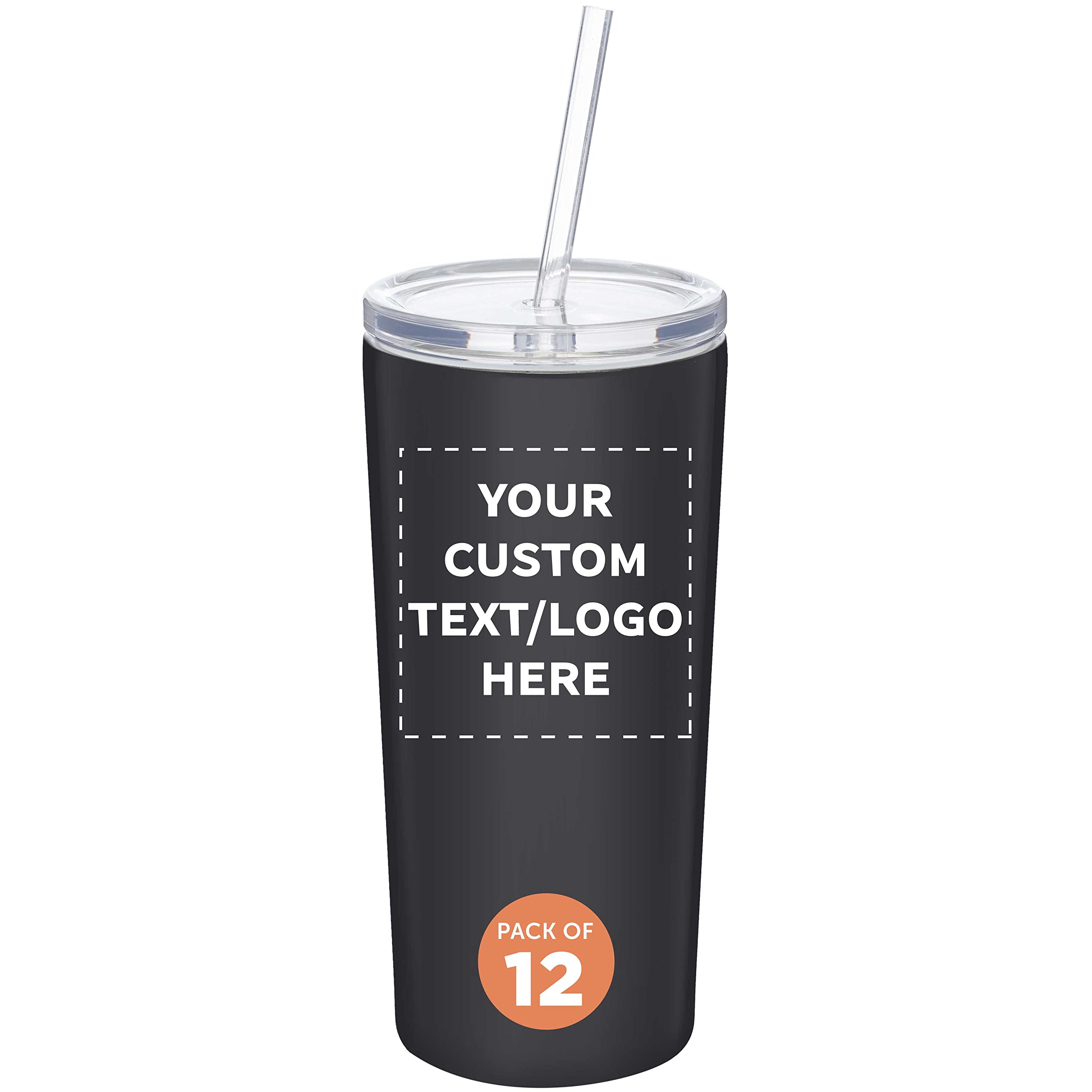 12 Pack Mira Stainless Steel Tumblers with Straws - 16oz Double Wall Insulated Cups - Custom Text/Logo Printing - BPA-Free Tritan Lid - Perfect for Office, Gym & Outdoor Activities - Black