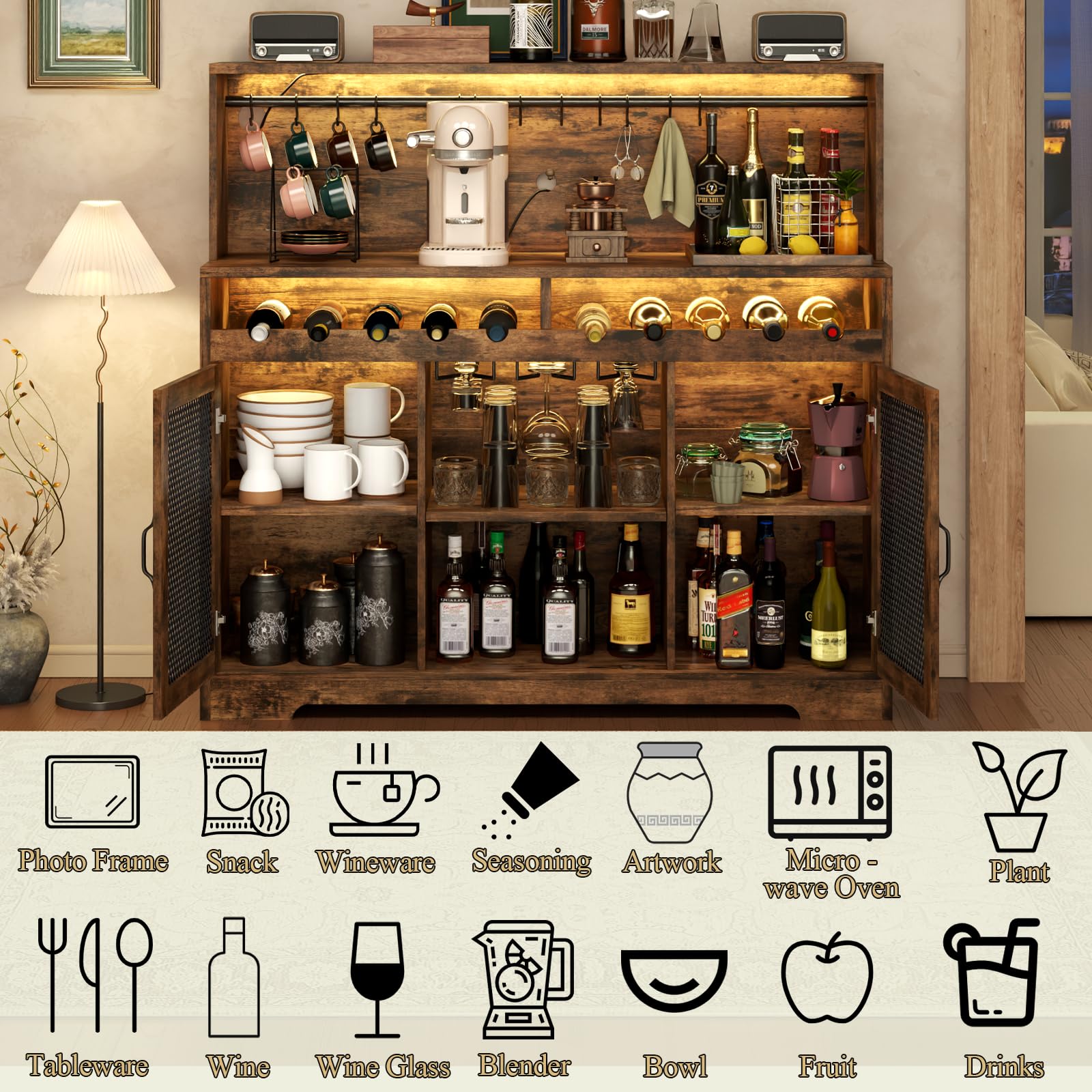 Rustic Wine Bar Cabinet with LED Lights & Glass Holder - Coffee & Liquor Storage Buffet Cabinet with Wine Racks & Mesh Door - Perfect for Home Bars, Dining Rooms & Entertaining Spaces