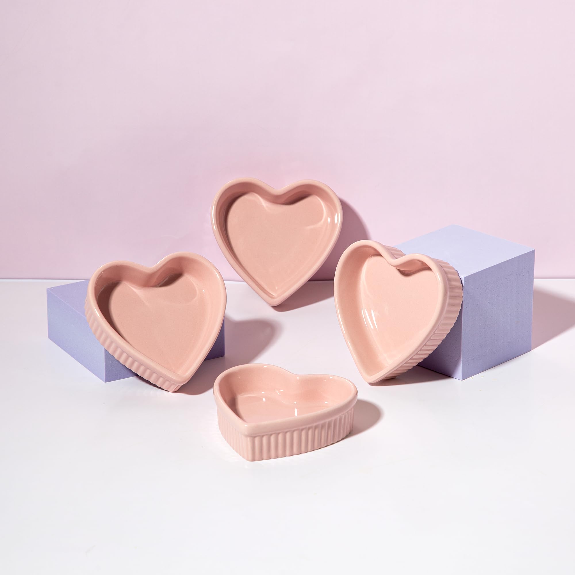 Paris Hilton Heart Shaped Ramekin Set - 4-Piece Mini Ceramic Baking Dishes | Oven & Dishwasher Safe Stoneware | PFOA-Free | Perfect for Valentine's Day Desserts, Romantic Dinners & Party Appetizers (Pink)