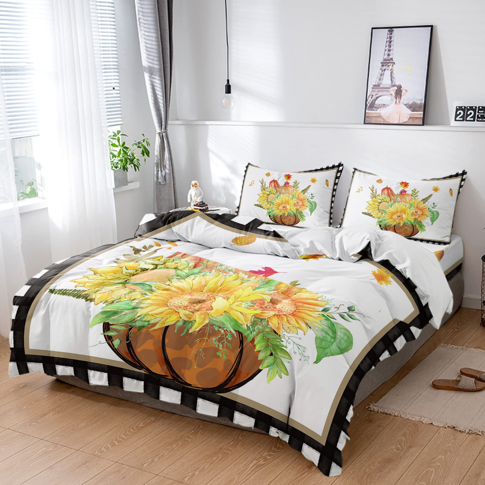BEKYONEE California King Size Duvet Cover Set - 4 Piece Microfiber Bedding Set with Watercolor Pumpkin, Fall Leaves & Sunflower Design - Soft Quilt Cover with 2 Pillow Shams - White & Black Checkered Pattern - Perfect for Fall Bedroom Decor & Seasonal Home Styling