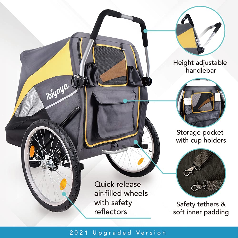 Ibiyaya Hercules Large Dog Stroller for Big Dogs & Cats - Foldable Pet Carrier with Spacious Interior & Air-Filled Tires for Smooth Ride - Black & Yellow - Perfect for Outdoor Walks, Vet Visits & Shopping Trips