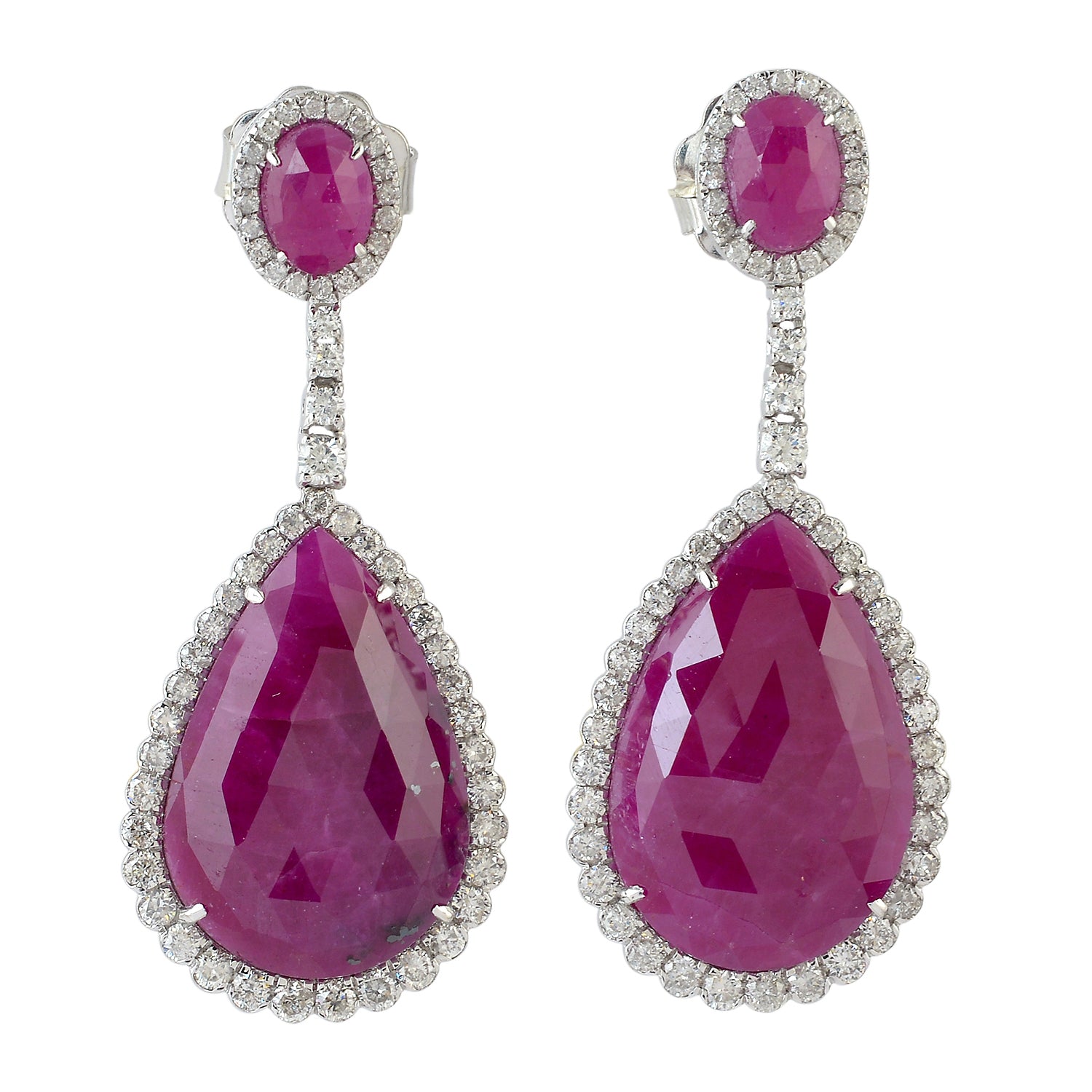 18K White Gold Faceted Ruby Pave Rose Cut Diamond Dangle Earrings - Elegant Anniversary Gift for Her, Perfect for Weddings & Special Occasions