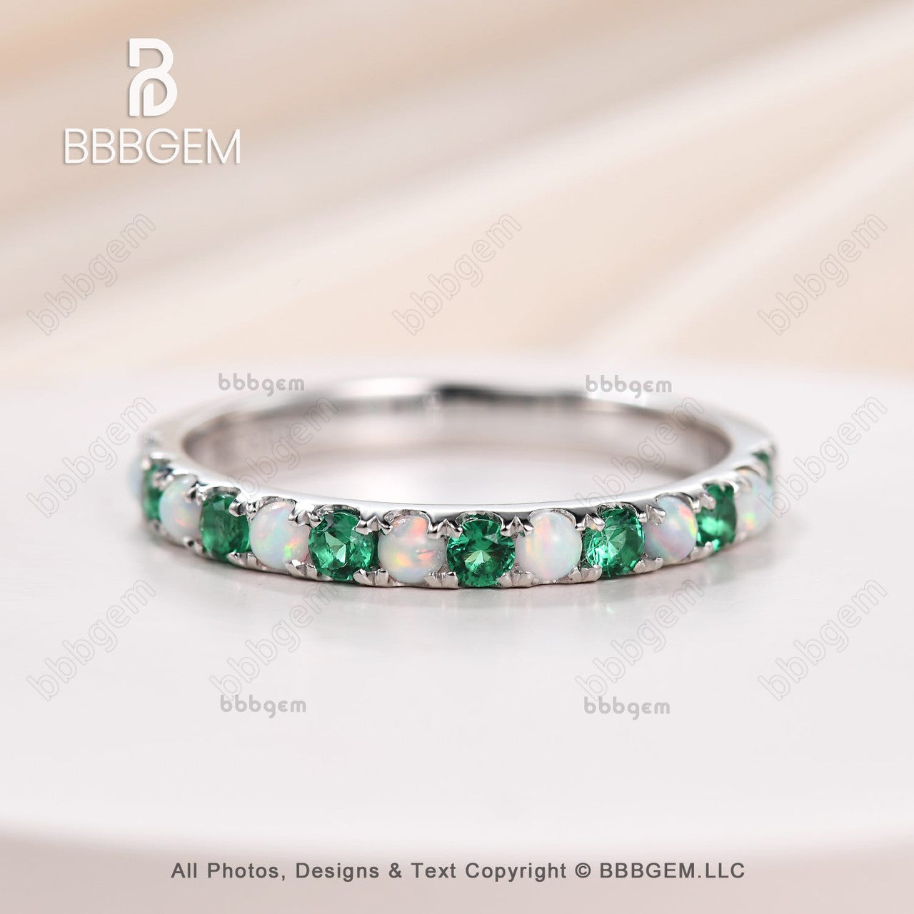 14K Rose Gold Opal & Emerald Ring - Dainty Half Eternity Band for Women | Perfect for Engagement, Wedding, Anniversary & Everyday Elegance