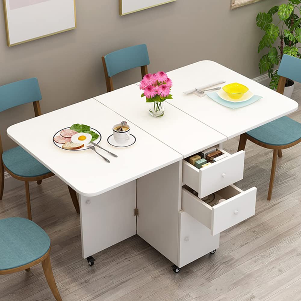Modern Wood Pedestal Dining Table with Drop Leaf - Foldable Kitchen Table, White (55.1