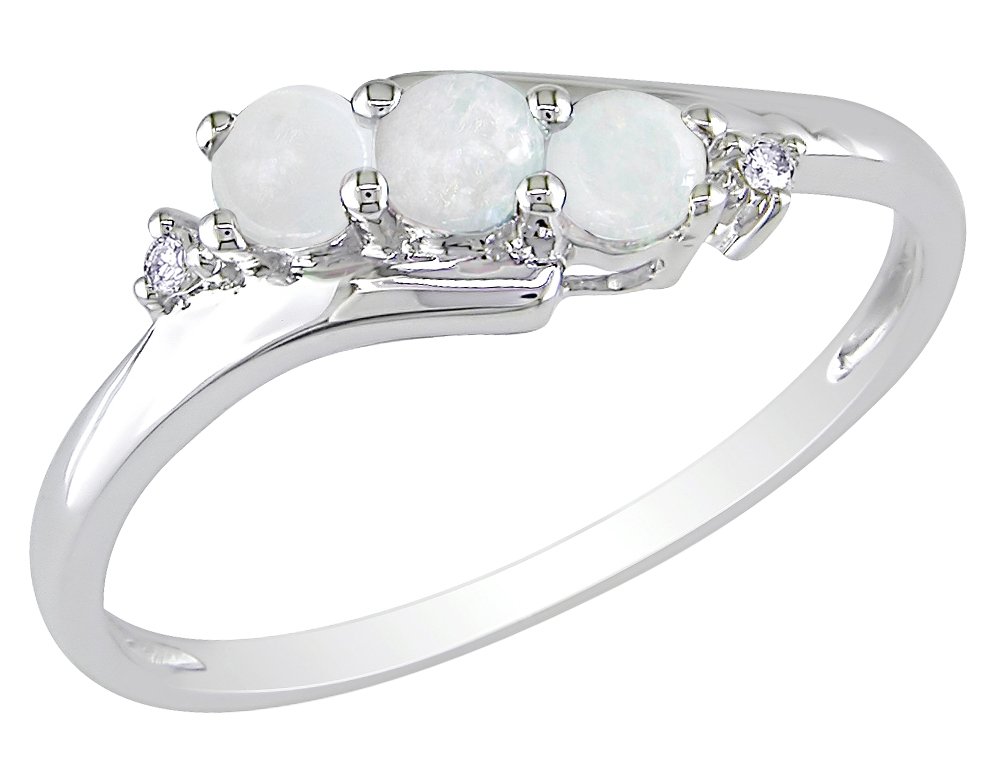 1/4 Carat Three Stone Created Opal & Diamond Ring in 10K White Gold | Elegant Wedding, Anniversary & Engagement Jewelry Gift for Women