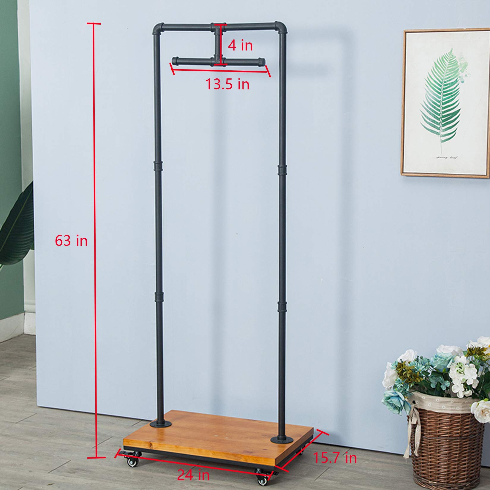 Heavy Duty Industrial Pipe and Wood Garment Rack - Metal Clothing Storage Shelves for Retail Stores, Floor Standing Display Rack with Pipeline Shelf Design - Perfect for Boutique, Closet Organization and Commercial Apparel Display (Black)