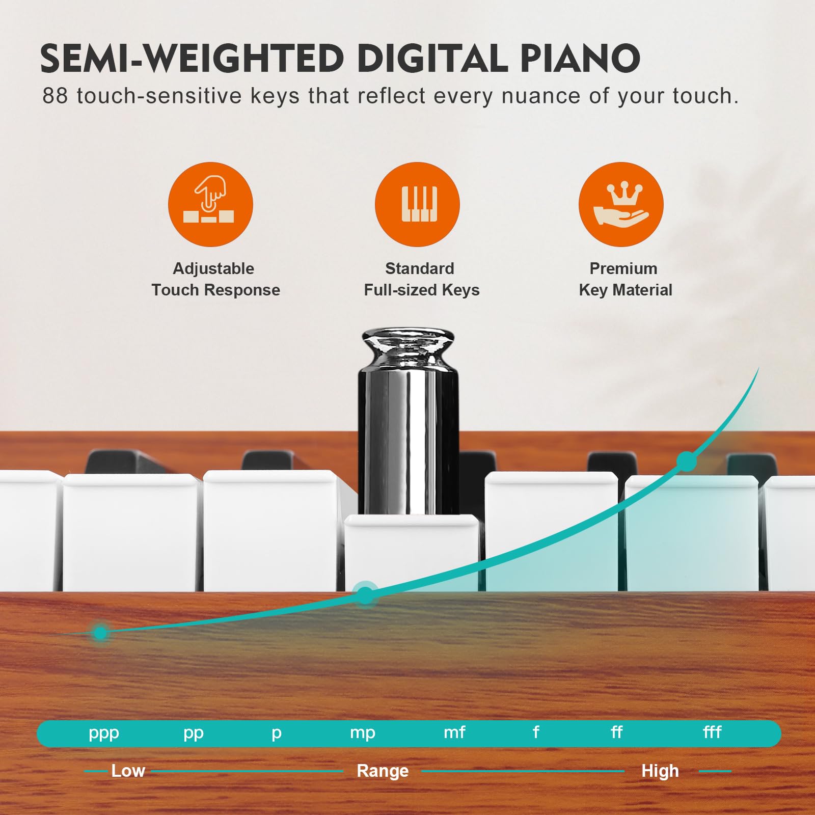 MUSTAR 88 Key Semi-Weighted Digital Piano for Beginners - Full Size Electric Keyboard with Stand, Built-in Speakers & Sustain Pedal - Brown | Home Studio, Music Practice, Live Performance