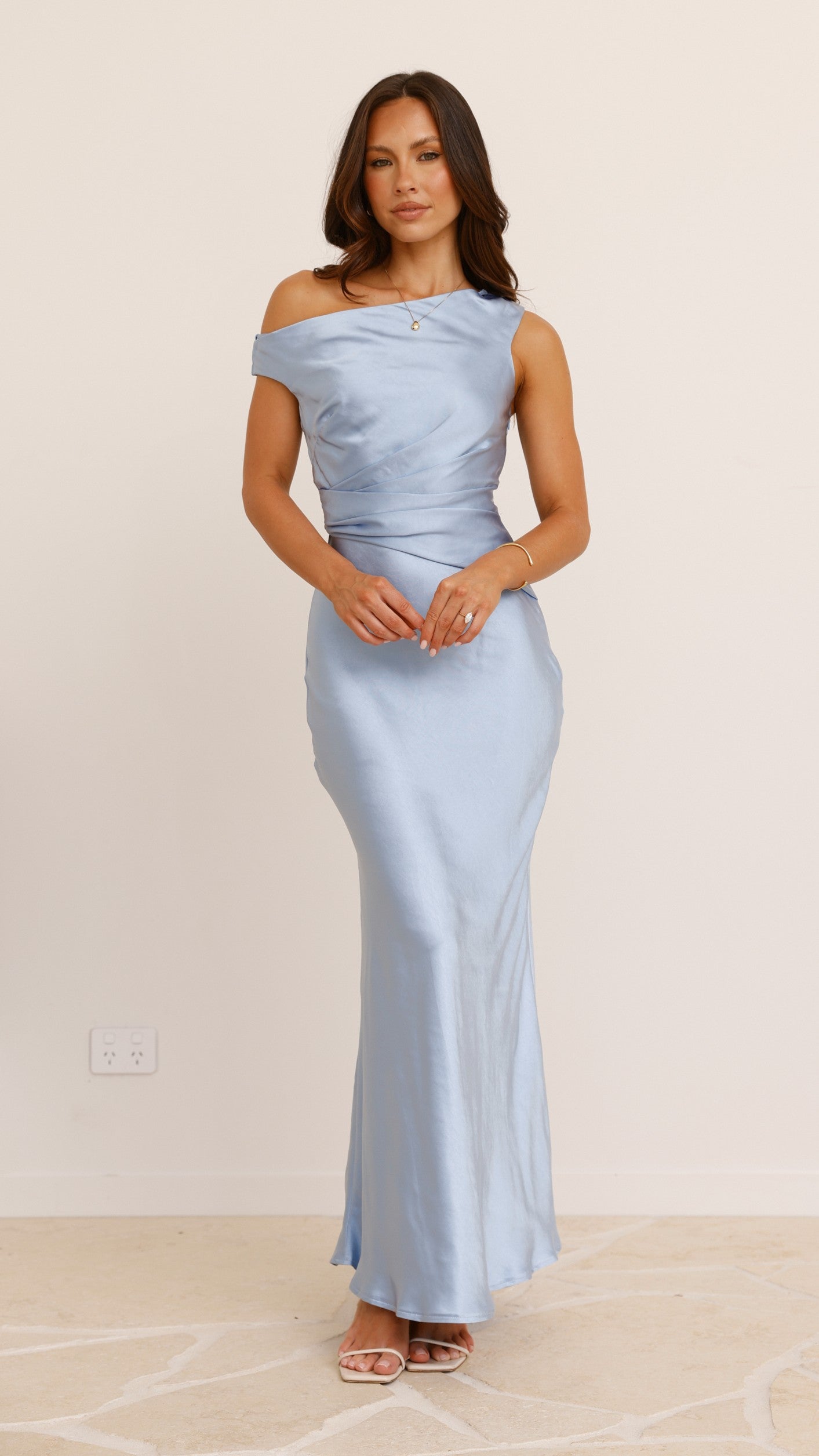 Auria Off Shoulder Maxi Dress for Women - Flowy Long Summer Dress in Blue | Perfect for Beach Vacations, Weddings & Date Nights